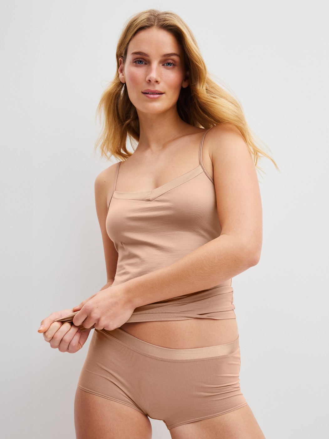 Women model is wearing Spaghetti top made of Cotton in Beige, Unicoloured from the Cate series by CALIDA, Additional Image