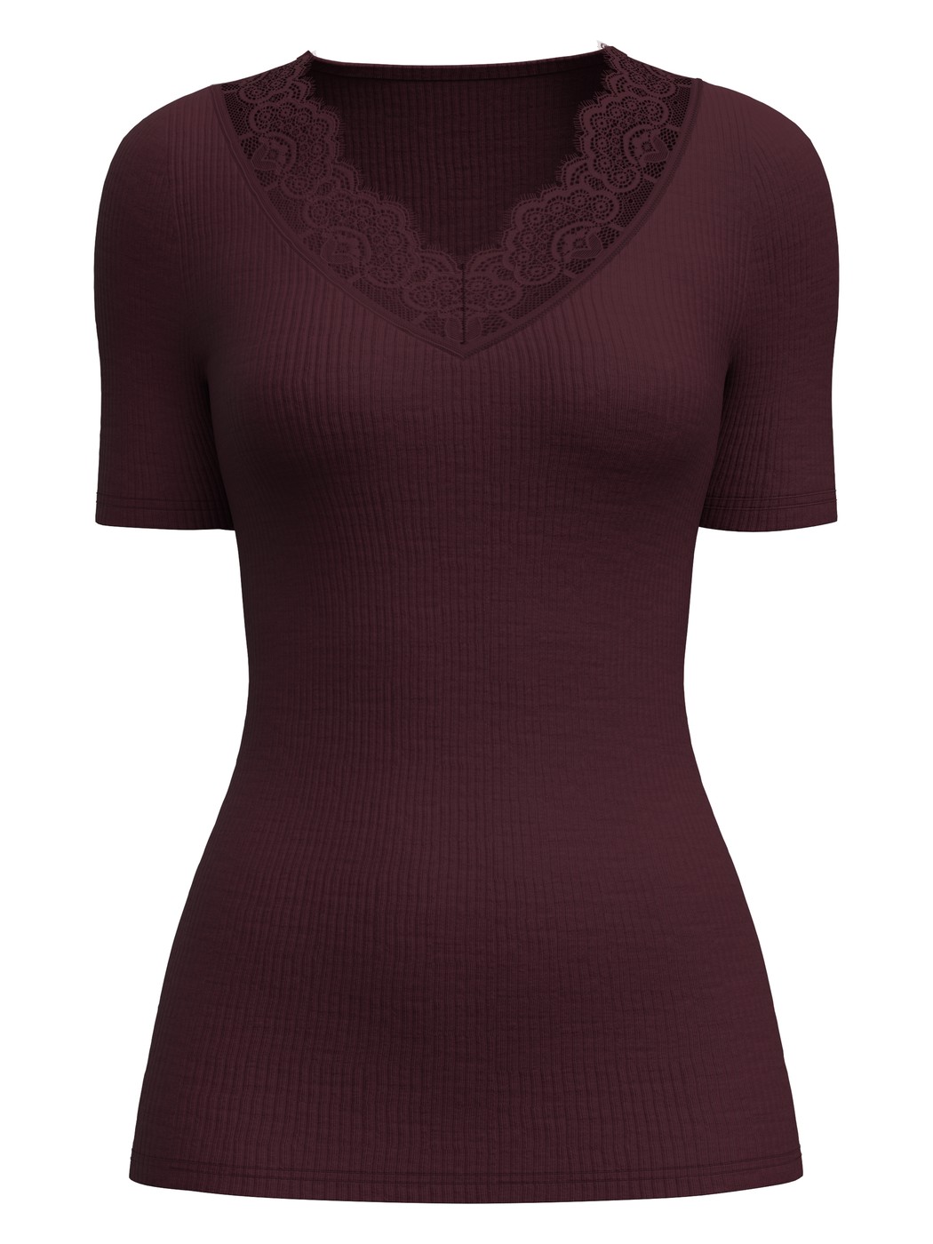 Damen - Kurzarm-Shirt aus Wolle-Seide aus Wolle in Rot, Spitze aus Serie Silky Wool Joy von CALIDA