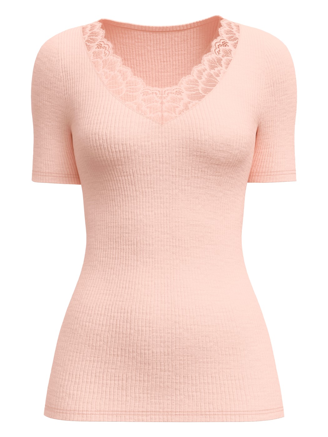 Damen - Kurzarm-Shirt aus Wolle-Seide aus Wolle in Rosa, Spitze aus Serie Silky Wool Joy von CALIDA