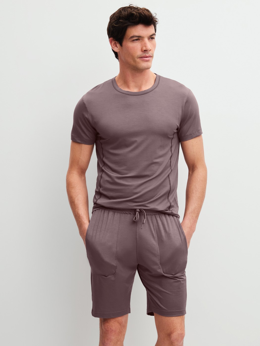 Men model is wearing Shirt short sleeve made of Modal in Brown, Unicoloured from the DSW Balancing series by CALIDA, Outfit