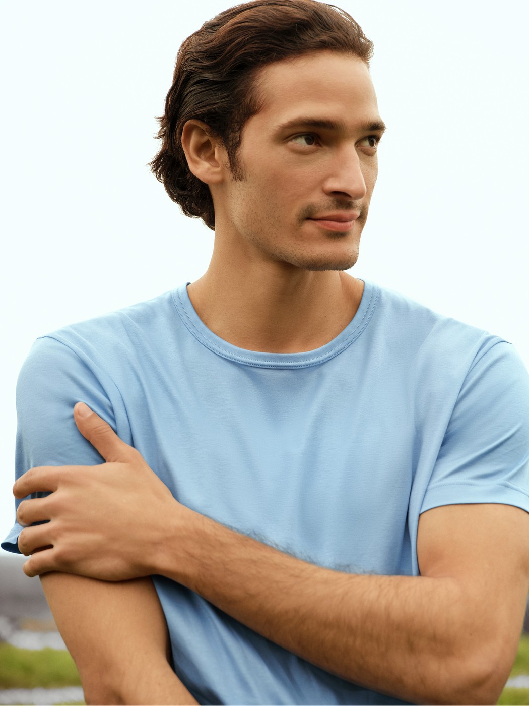 Men model is wearing Short-sleeved shirt made of Cotton in Blue, Unicoloured from the RMX Sleep Free series by CALIDA, Front view