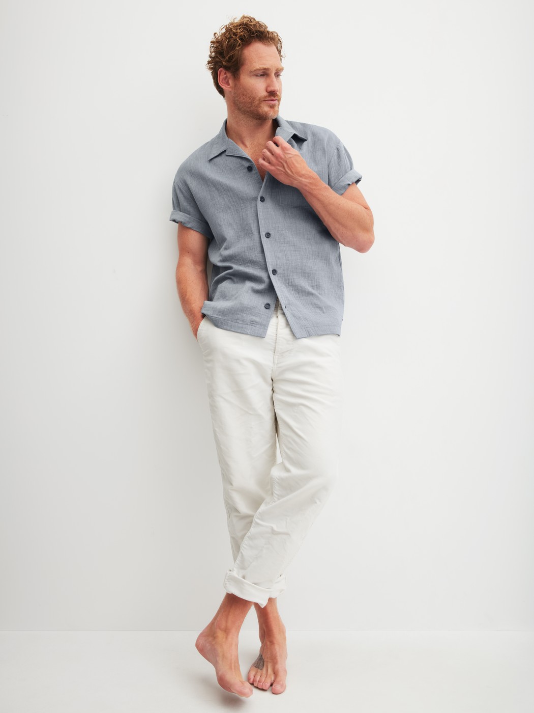 Men model is wearing Short shirt with button facing made of 100% Cotton in Grey, Unicoloured from the RMX Sleep Journey series by CALIDA, Additional Image
