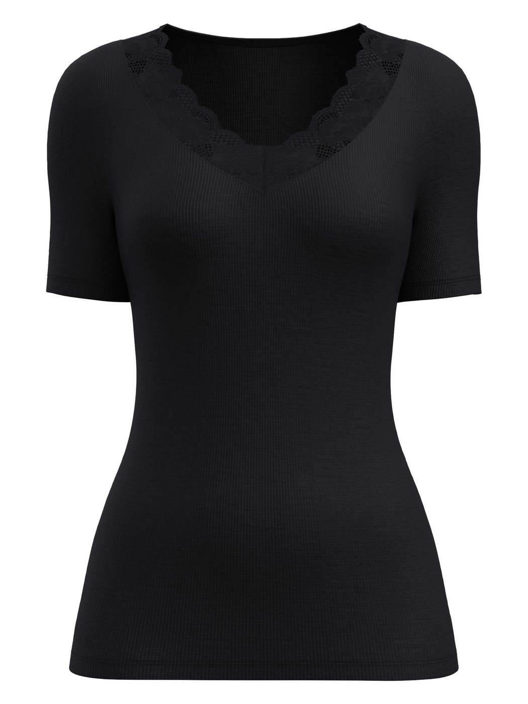 Damen - Kurzarm-Shirt aus Wolle-Seide aus Spitze in Schwarz, Spitze aus Serie Silky Wool Glam von CALIDA