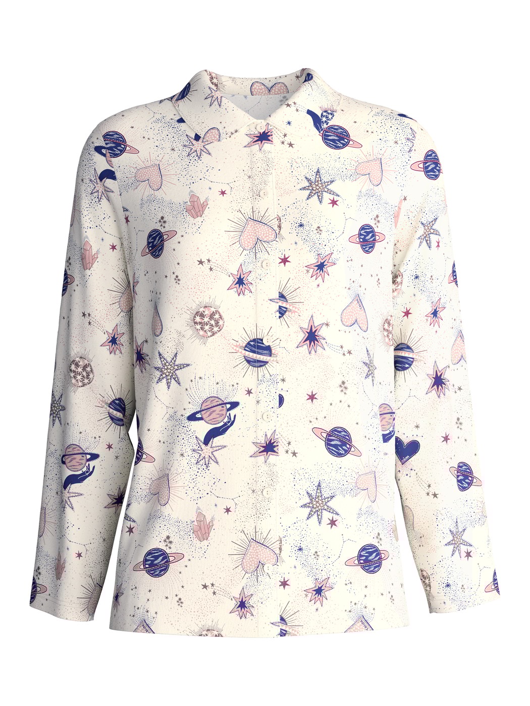 Damen - Langarm-Shirt mit Knöpfen aus 100% Baumwolle in Beige, Gemustert aus Serie Favourites Universe von CALIDA