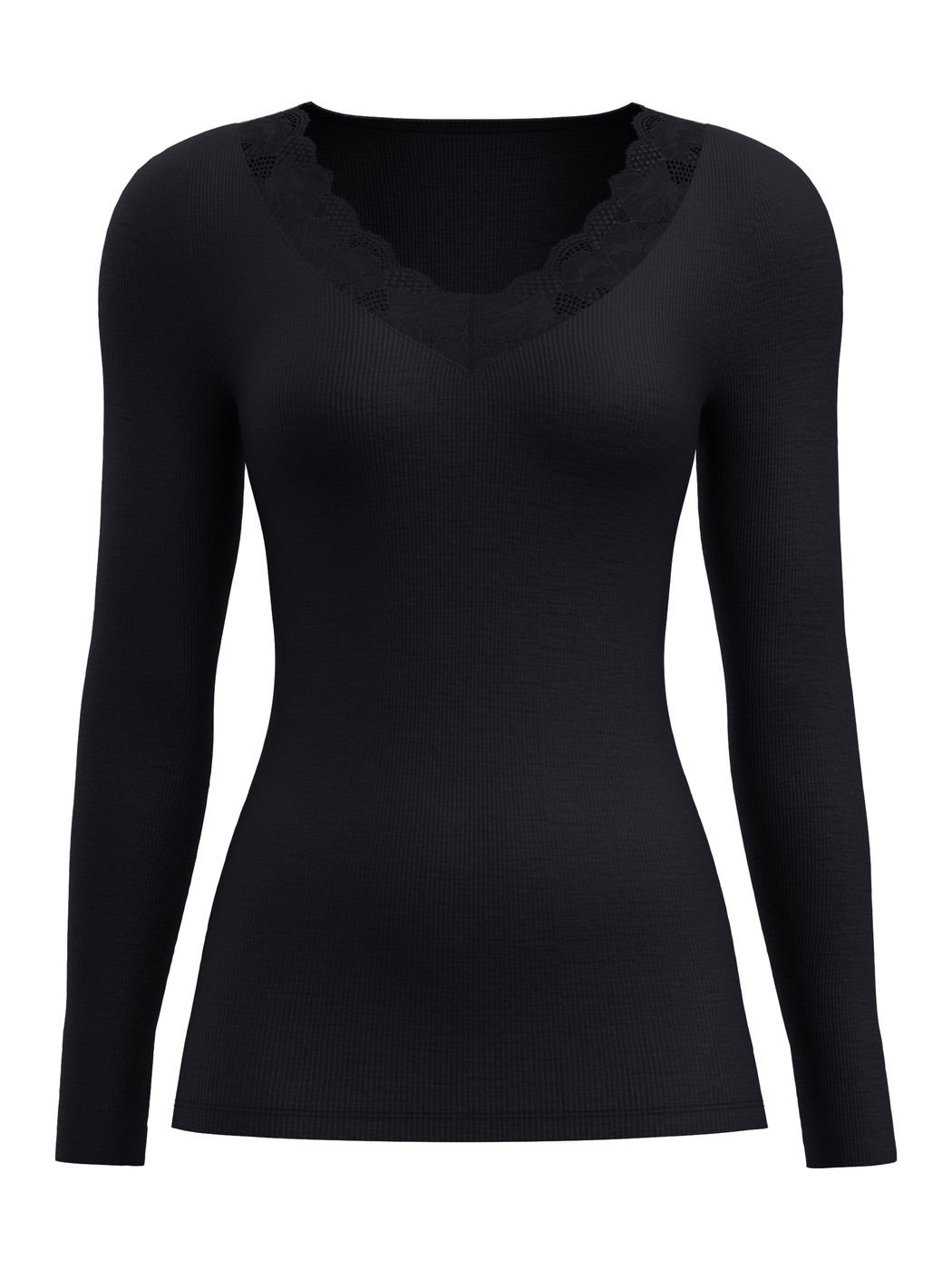 Damen - Langarm-Shirt aus Wolle-Seide aus Spitze in Schwarz, Spitze aus Serie Silky Wool Glam von CALIDA