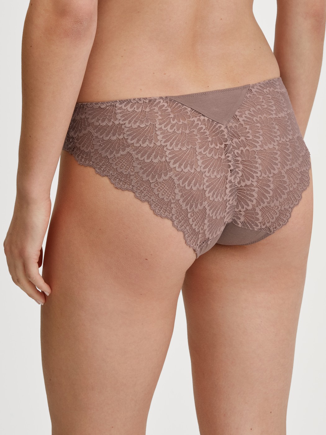 Damen-Model trägt Slip, regular cut aus Modal in Braun, Spitze aus Serie Modal Sense von CALIDA, Rückansicht