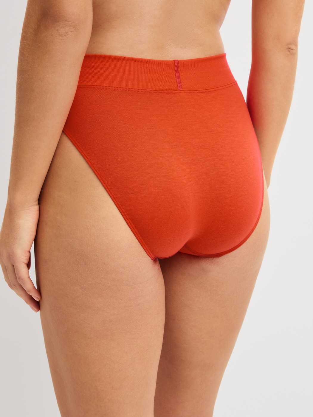 Damen-Model trägt Slip mit Softbund, high waist aus Baumwolle in Rot, Einfarbig aus Serie Elastic von CALIDA, Rückansicht