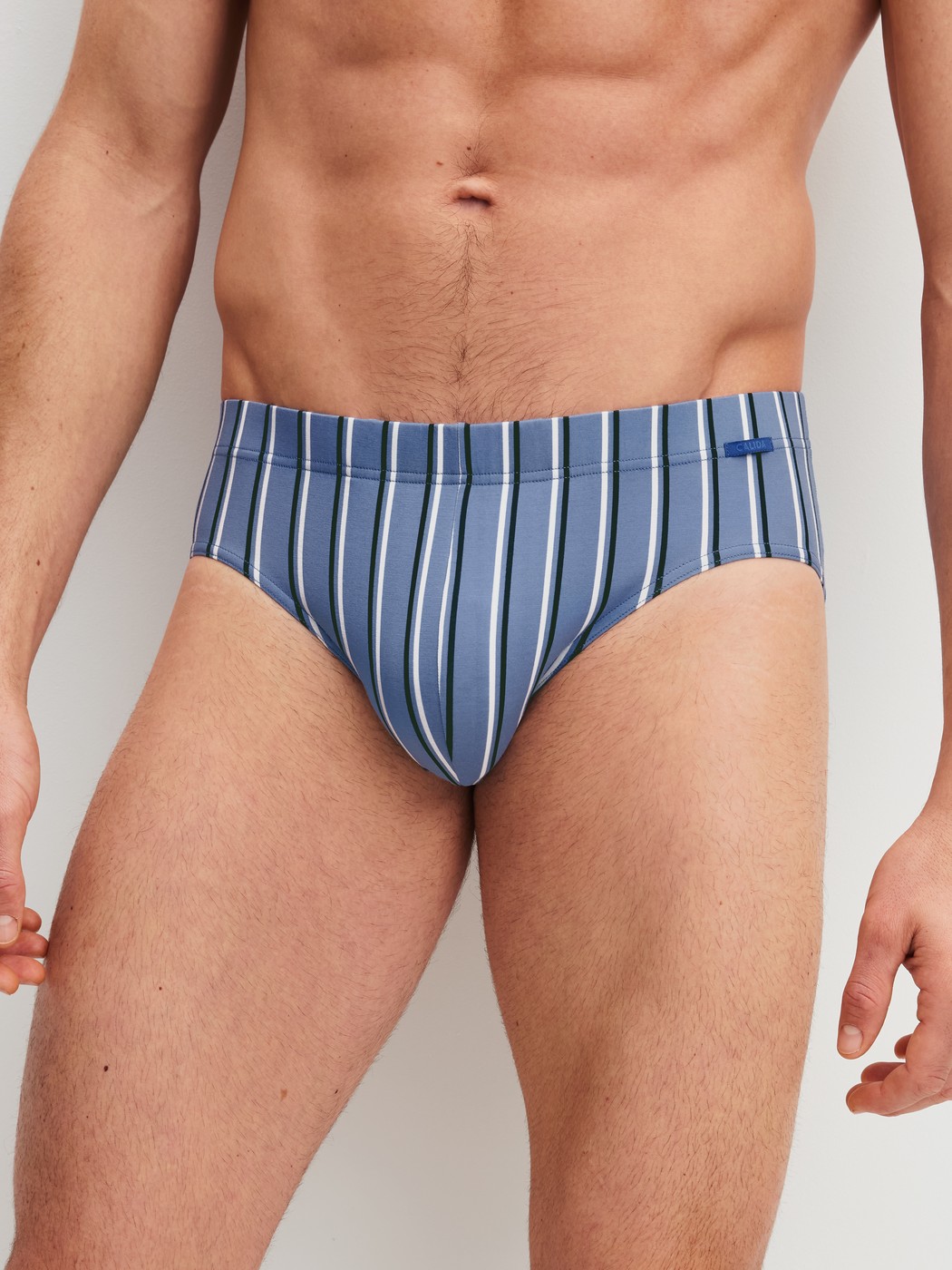 Herren-Model trägt Slip aus Pima® Baumwolle in Blau, Gestreift aus Serie Grafic Cotton von CALIDA, Vorderansicht