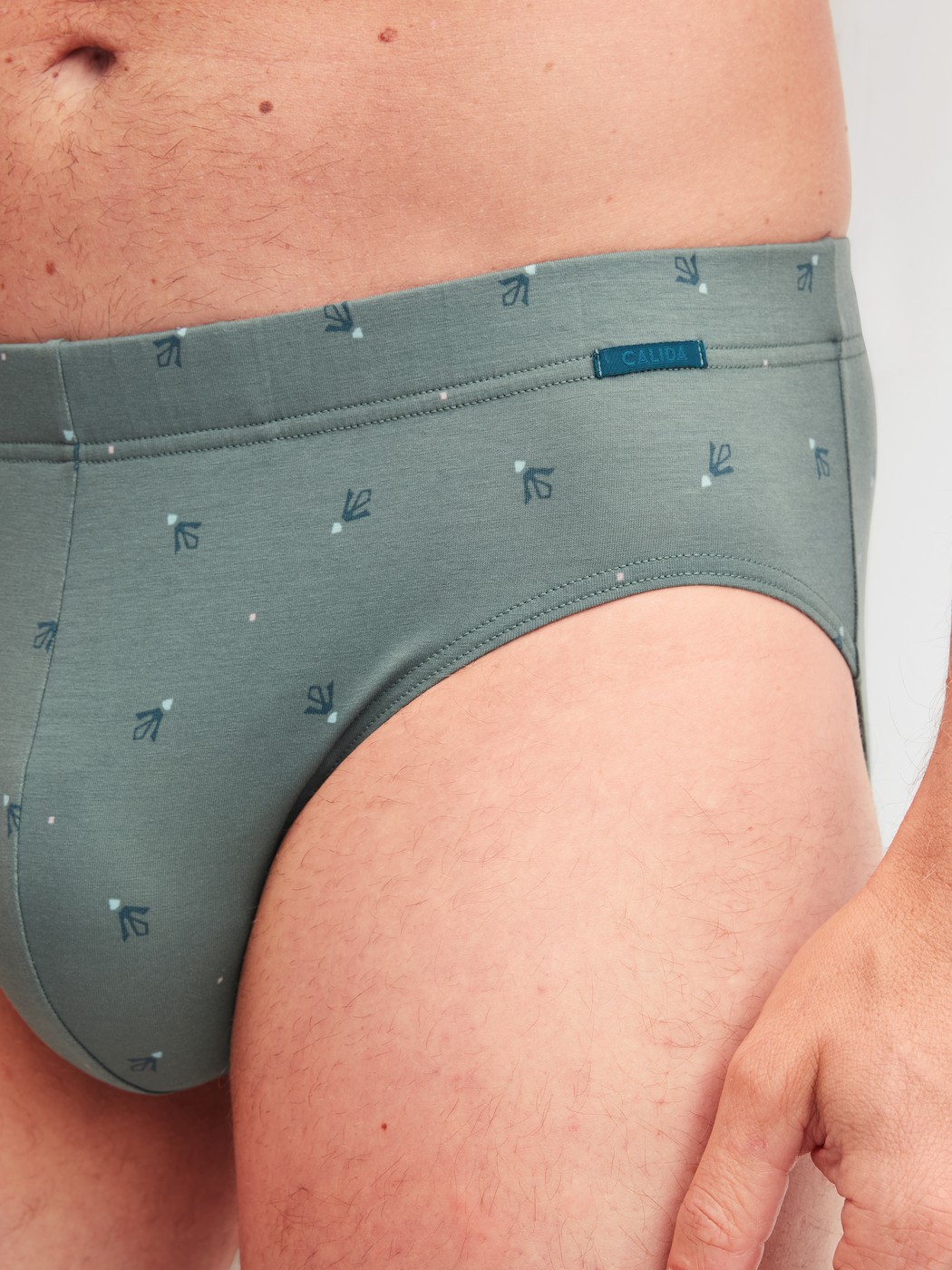 La modella / Il modello Uomo indossa Slip in Cotone di colore Verde, Modello, della serie Grafic Cotton di CALIDA, Dettaglio