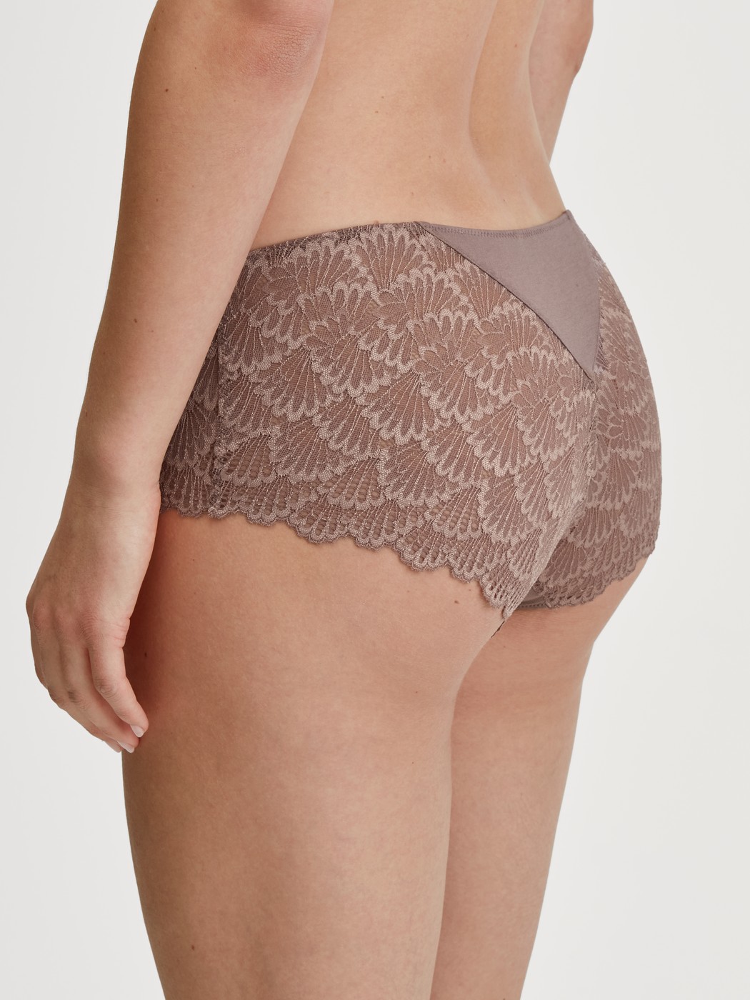 Damen-Model trägt Panty, low cut aus Modal in Braun, Spitze aus Serie Modal Sense von CALIDA, Rückansicht