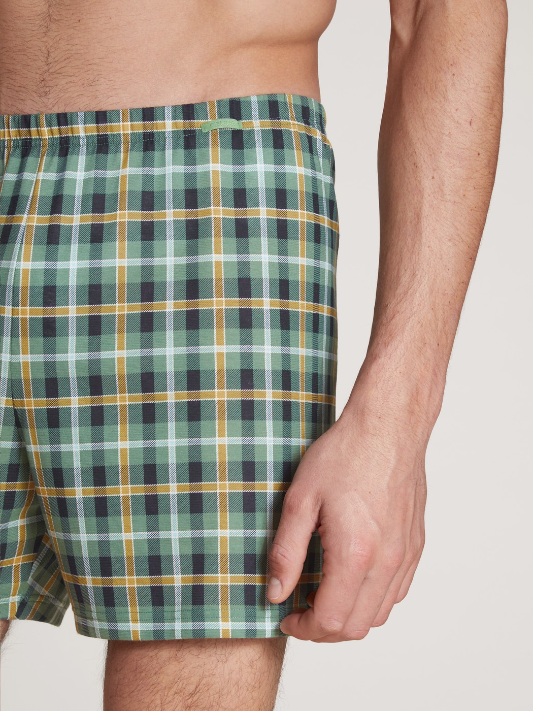 Herren-Model trägt Boxershorts aus 100% Baumwolle in Grün, Kariert aus Serie Daywear Xtra von CALIDA, Detail