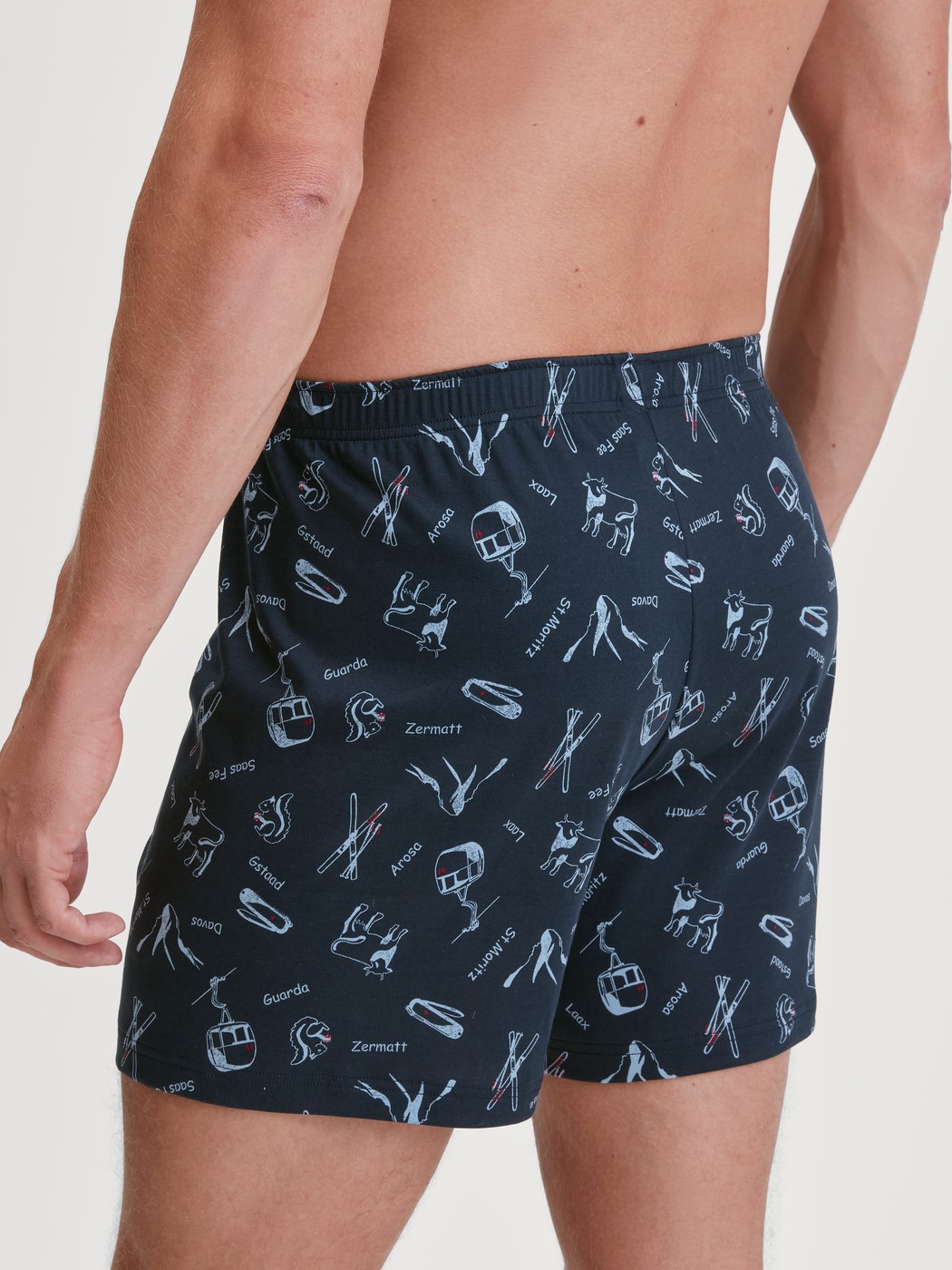Herren-Model trägt Boxershorts mit Eingriff aus 100% Baumwolle in Blau, Motiv aus Serie Swiss Resort von CALIDA, Rückansicht