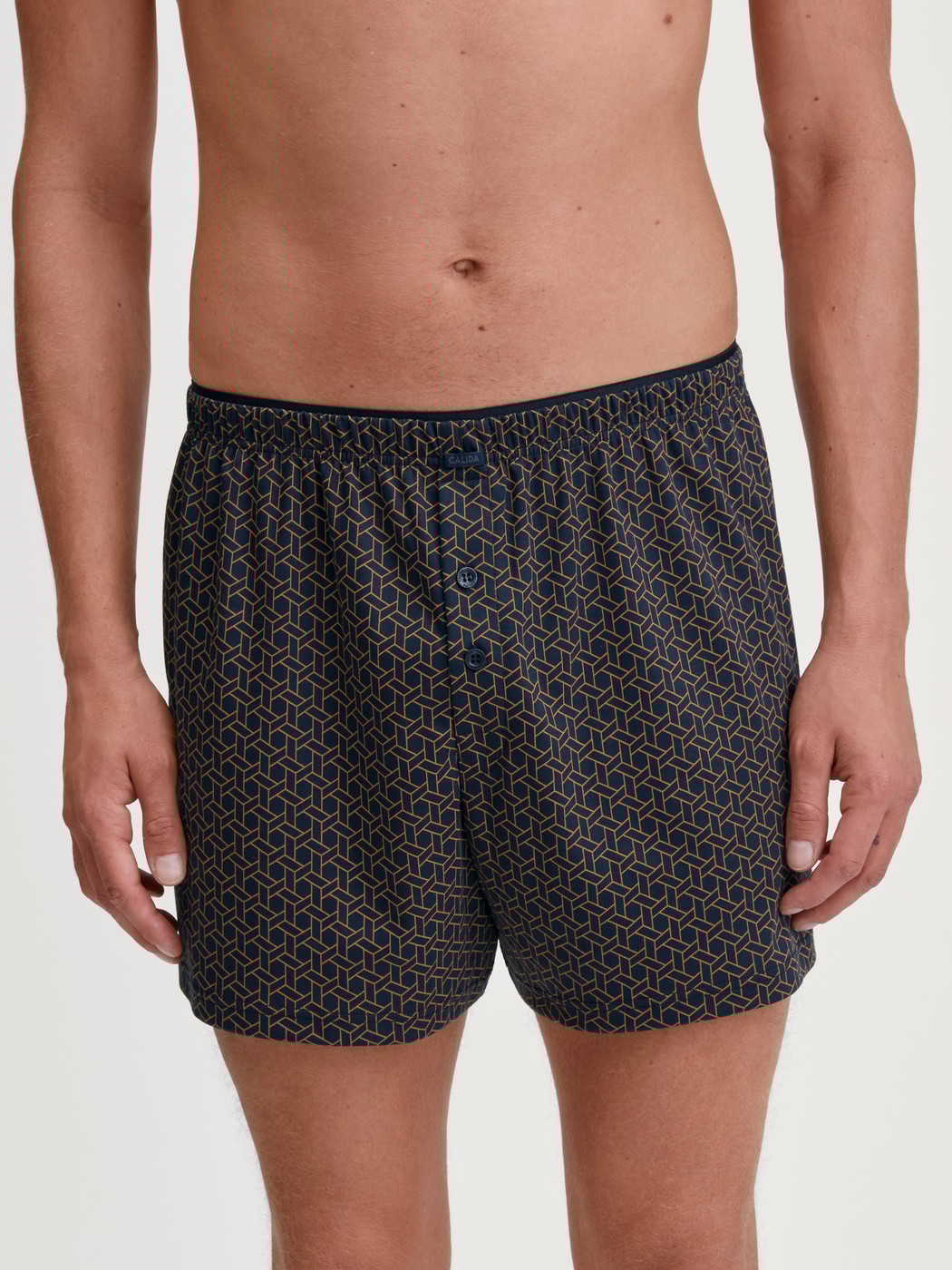 Herren-Model trägt Boxershorts aus 100% Baumwolle in Blau, Gemustert aus Serie Cotton Choice von CALIDA, Vorderansicht