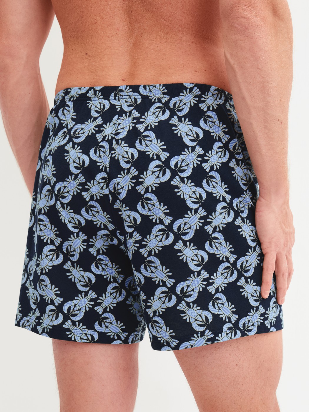 Herren-Model trägt Jersey-Boxershorts ohne Eingriff aus Baumwolle in Blau, Gemustert aus Serie Prints von CALIDA, Rückansicht