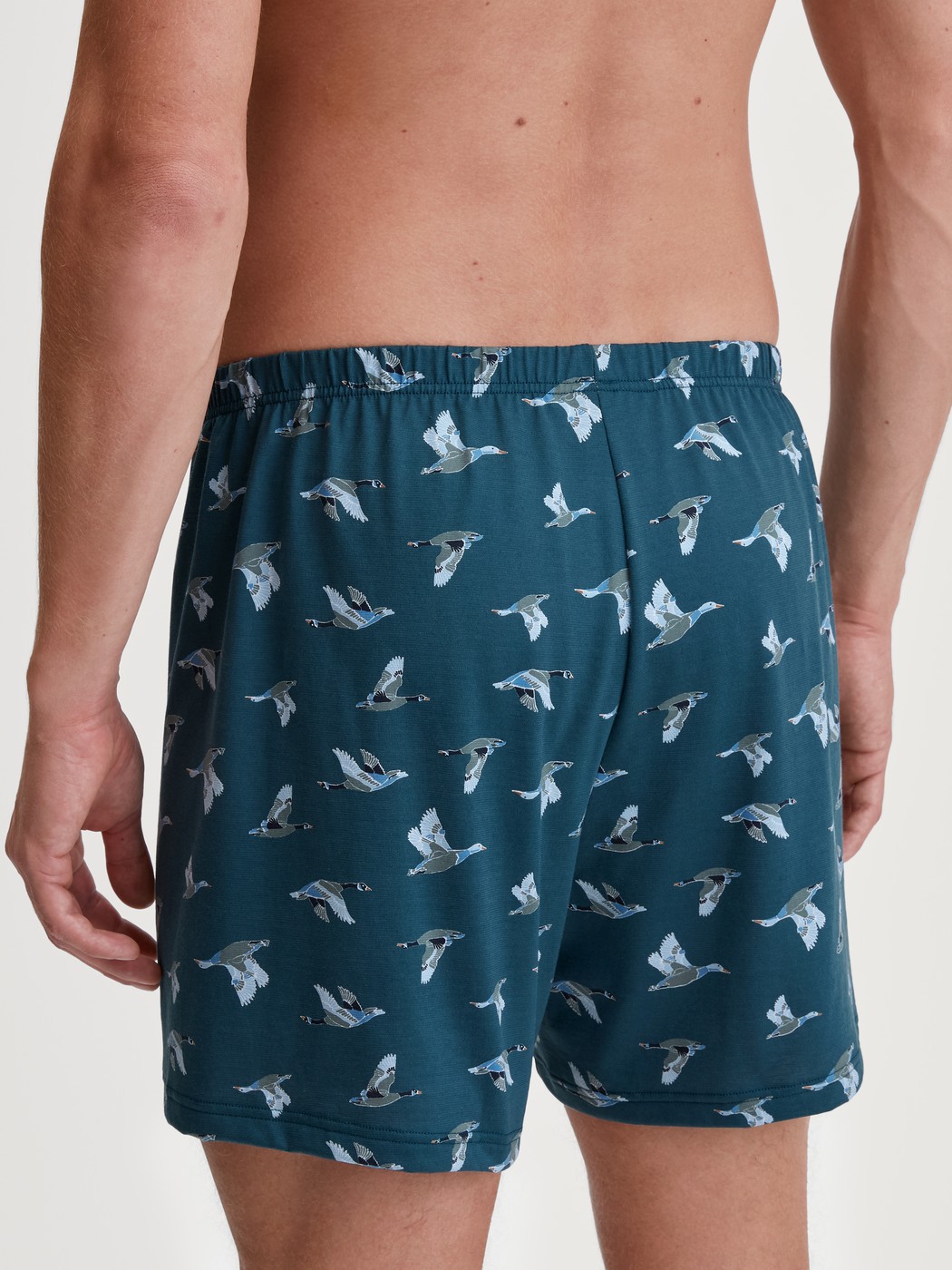 Herren-Model trägt Jersey-Boxershorts ohne Eingriff aus 100% Baumwolle in Blau, Gemustert aus Serie Prints von CALIDA, Rückansicht