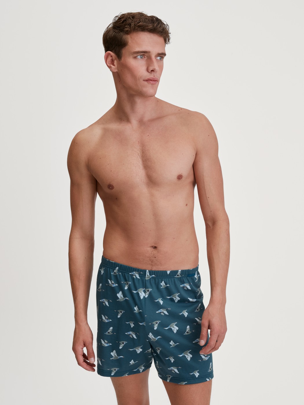 Herren-Model trägt Jersey-Boxershorts ohne Eingriff aus 100% Baumwolle in Blau, Gemustert aus Serie Prints von CALIDA, Zusatzbild