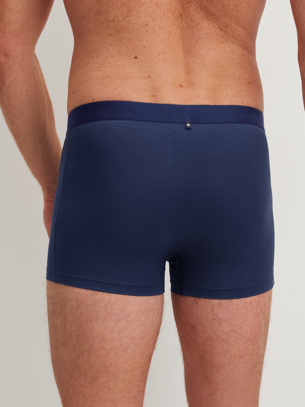 Men model is wearing Boxer brief made of Lyocell in Blue, Unicoloured from the Natural Cooling series by CALIDA, Back view