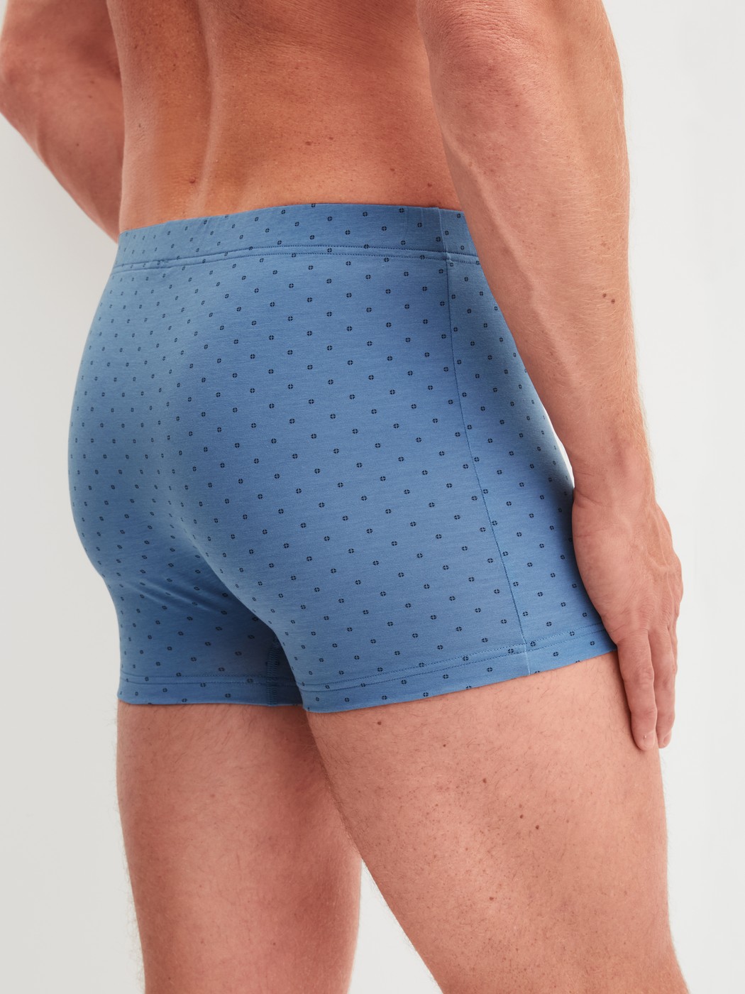 La modella / Il modello Uomo indossa Boxer brief in Cotone di colore Blu, Modello, della serie Cotton Code Design di CALIDA, Vista posteriore