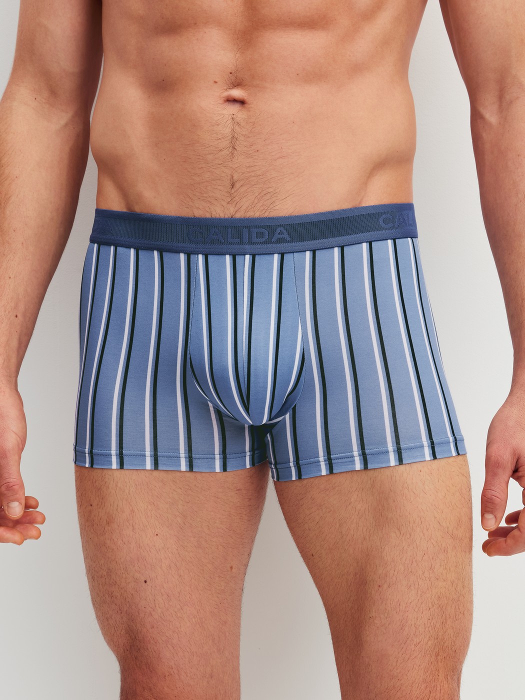 Herren-Model trägt Boxer Brief mit Softgummibund aus Pima® Baumwolle in Blau, Gestreift aus Serie Grafic Cotton von CALIDA, Vorderansicht