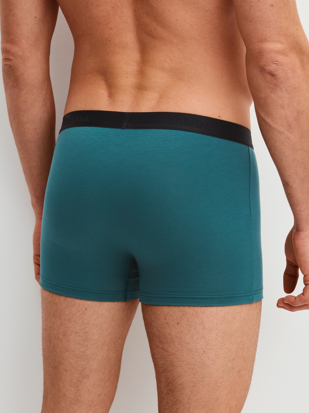 Men model is wearing Boxer Briefs, 3-Pack made of Cotton in Turquoise, Striped from the Natural Benefit series by CALIDA, Back view