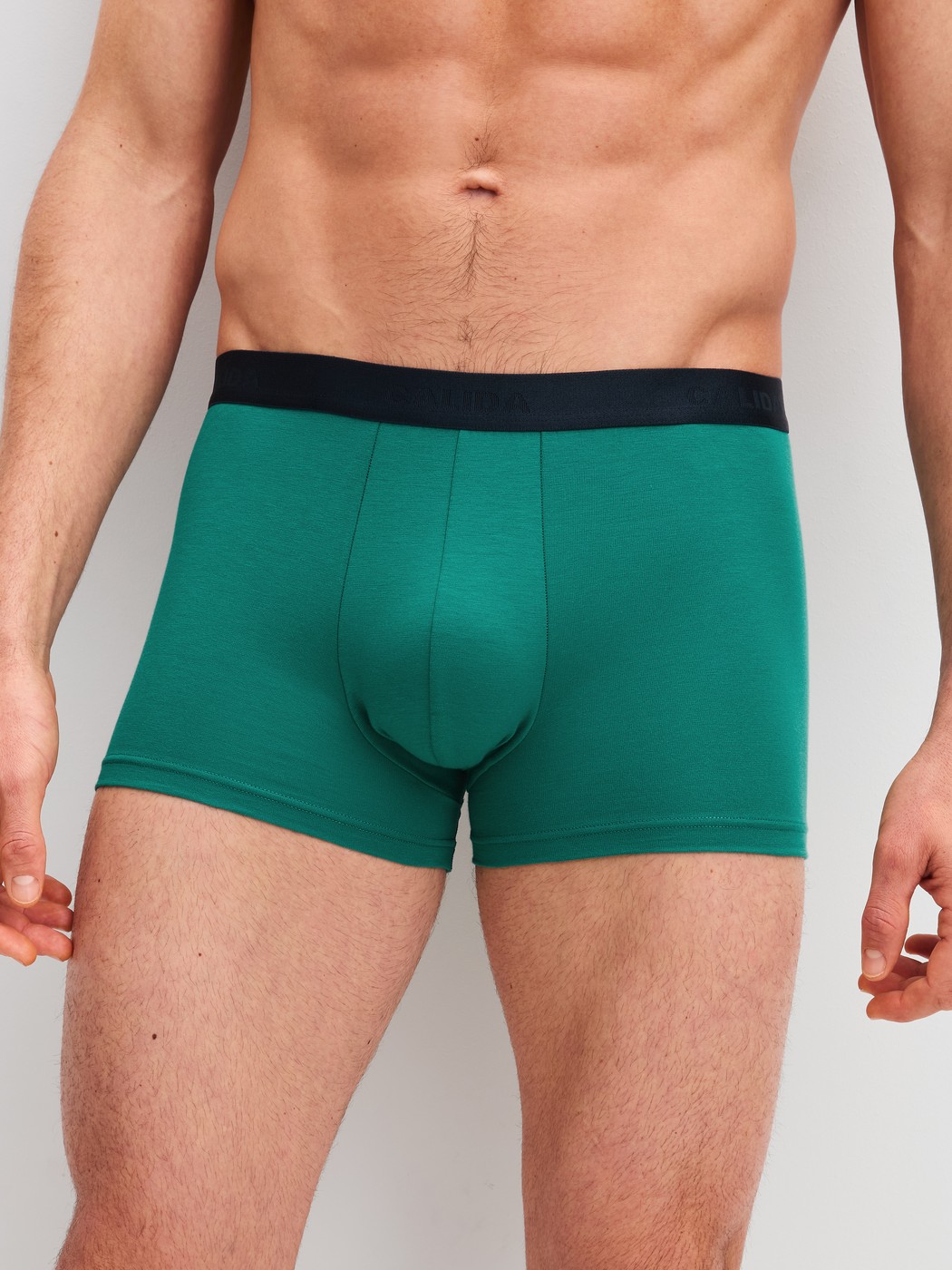 Herren-Model trägt Boxer Brief, 3er-Pack aus 100% Baumwolle in Grün, Einfarbig aus Serie Cotton Special von CALIDA, Vorderansicht