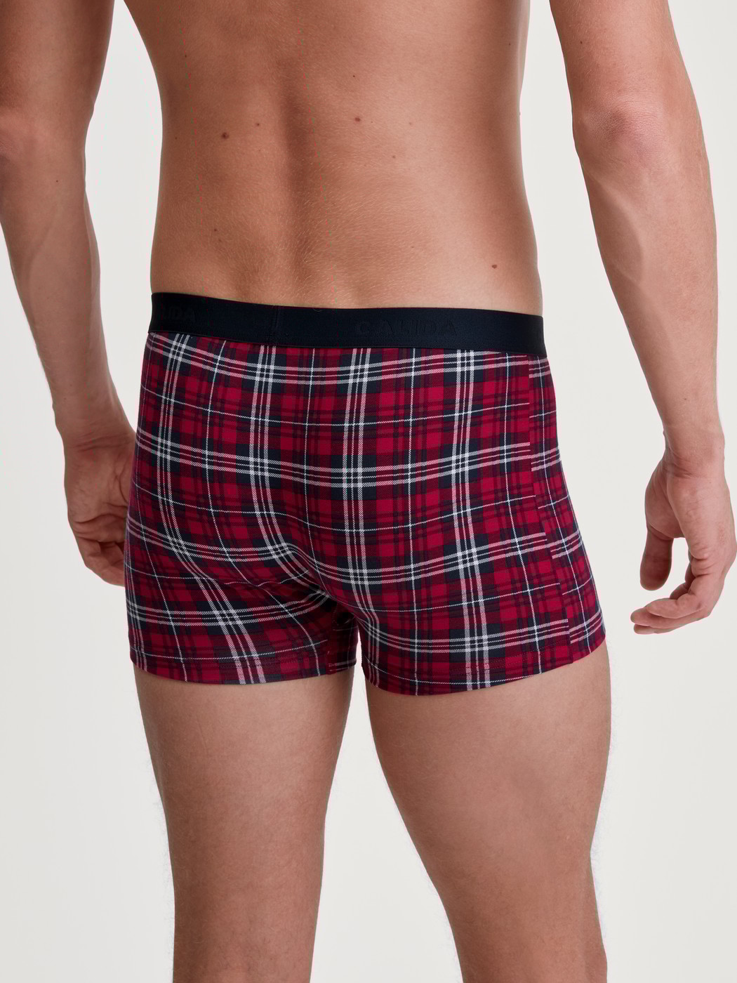 Men model is wearing Boxer brief made of Cotton in Red, Patterned from the Family & Friends series by CALIDA, Back view