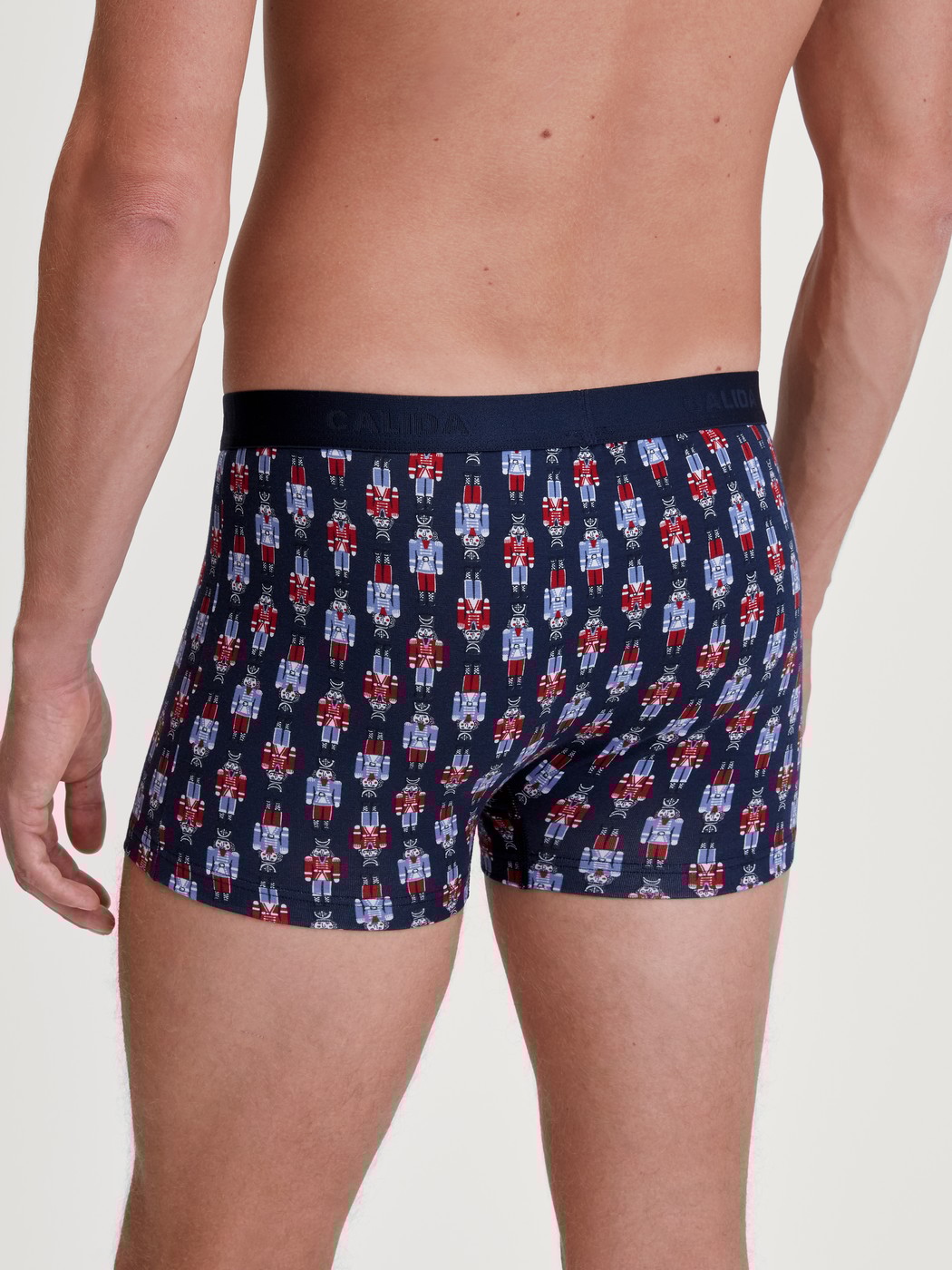 Men model is wearing Boxer brief made of Cotton in Blue, Patterned from the Family & Friends series by CALIDA, Back view