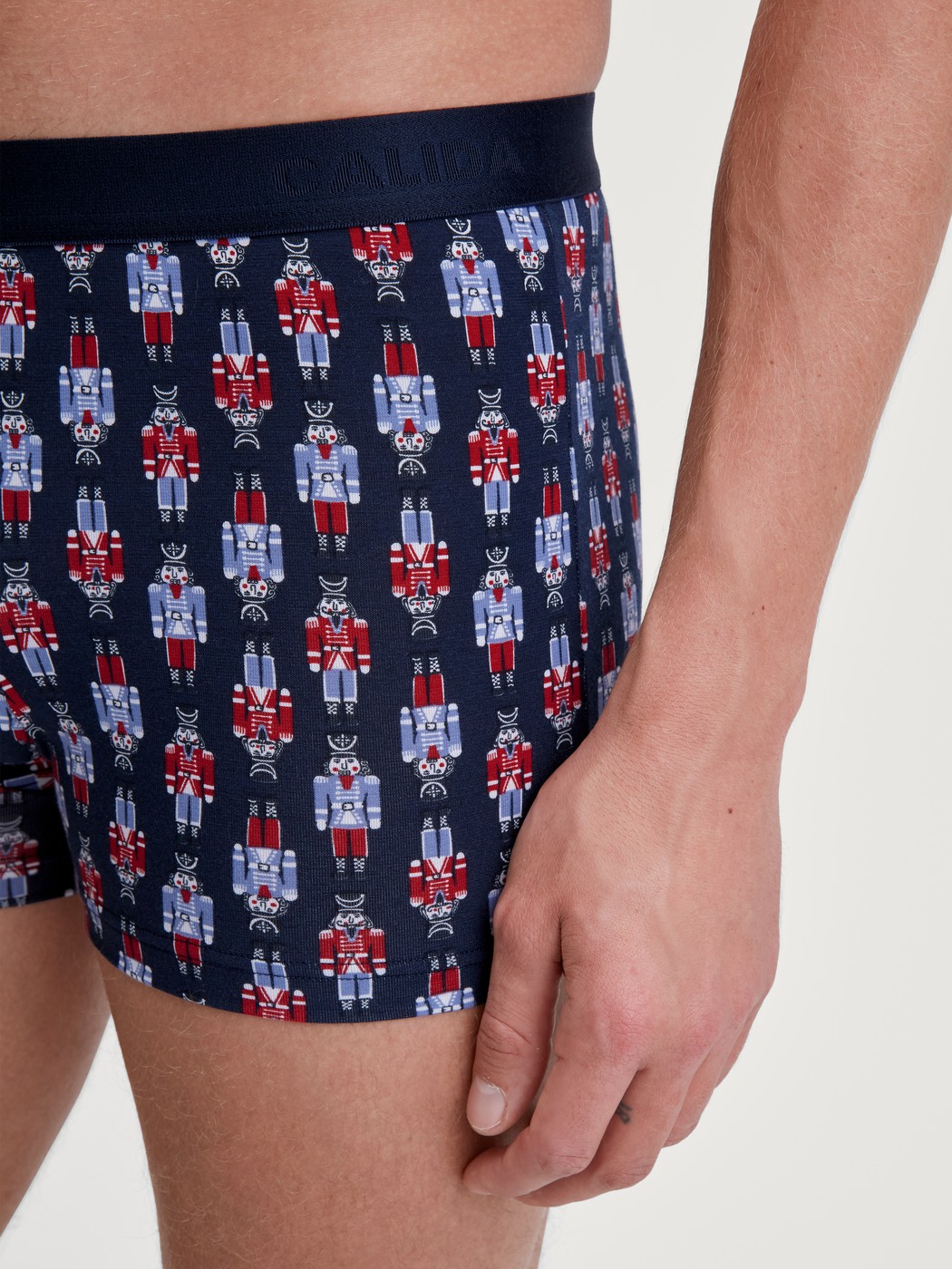 Men model is wearing Boxer brief made of Cotton in Blue, Patterned from the Family & Friends series by CALIDA, Detail