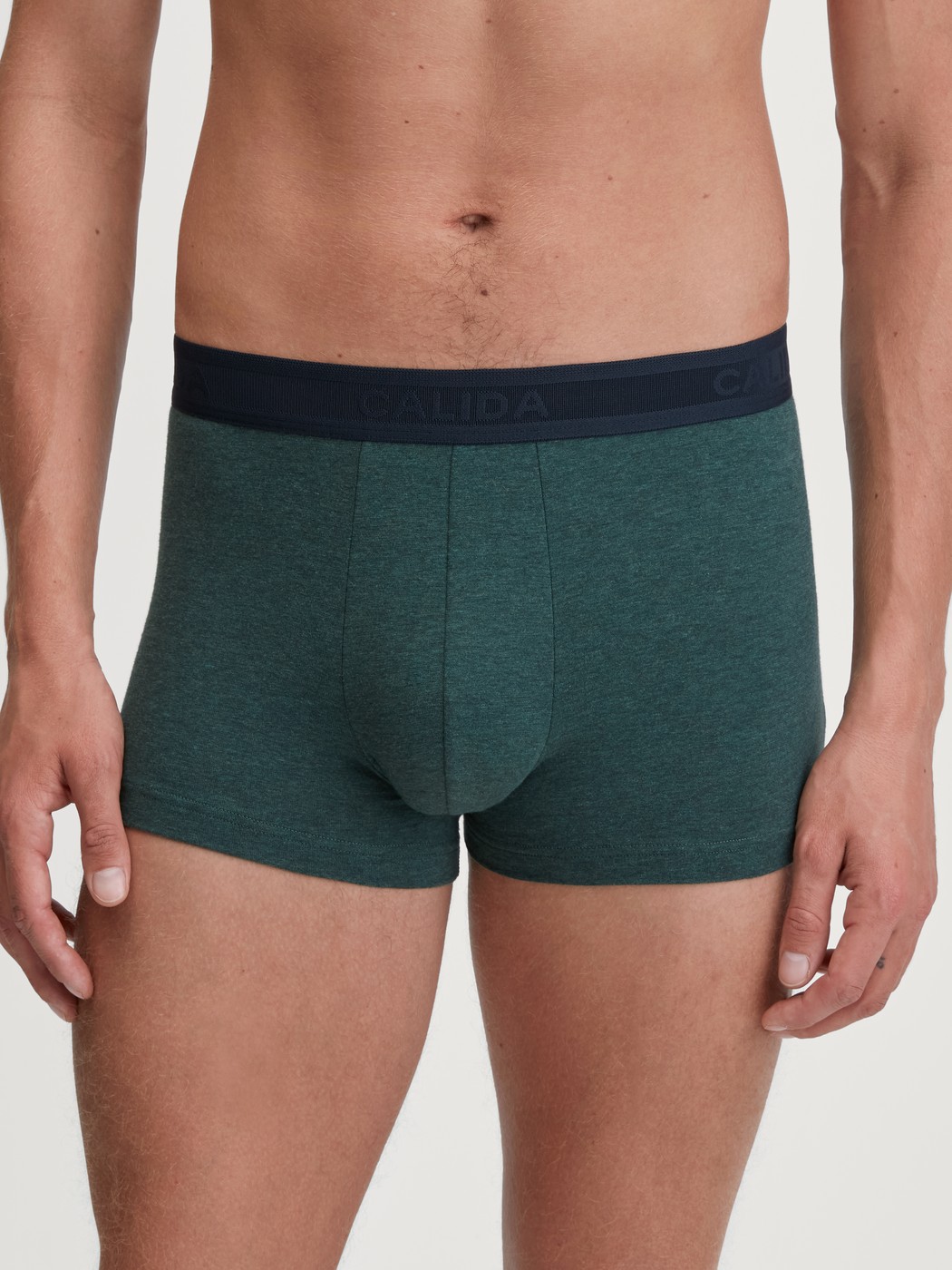 Herren-Model trägt Boxer Brief mit Softgummibund aus Baumwolle in Grün, Einfarbig aus Serie Cotton Sporty von CALIDA, Vorderansicht