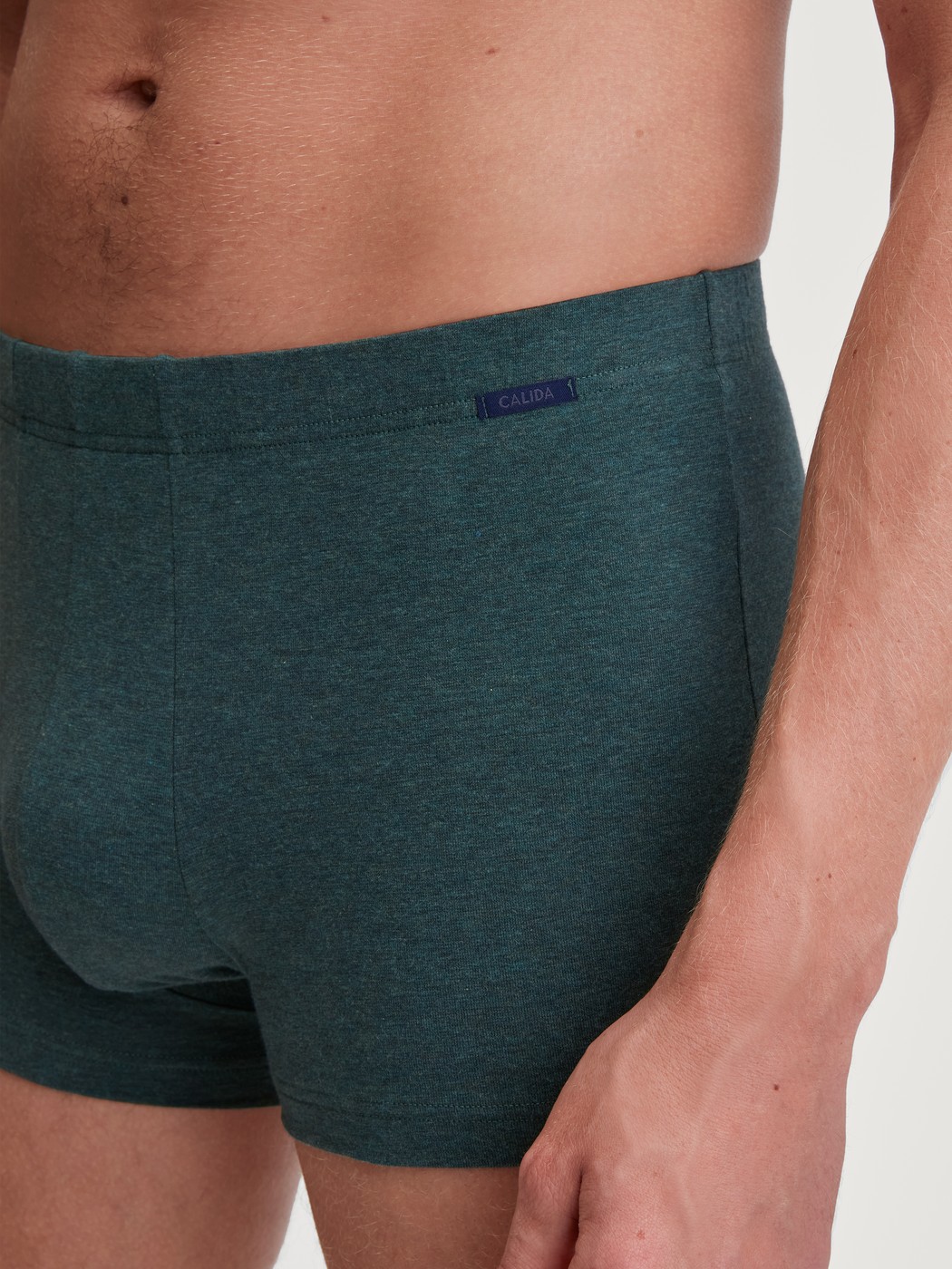 Herren-Model trägt Boxer Brief aus Baumwolle in Grün, Einfarbig aus Serie Cotton Sporty von CALIDA, Detail