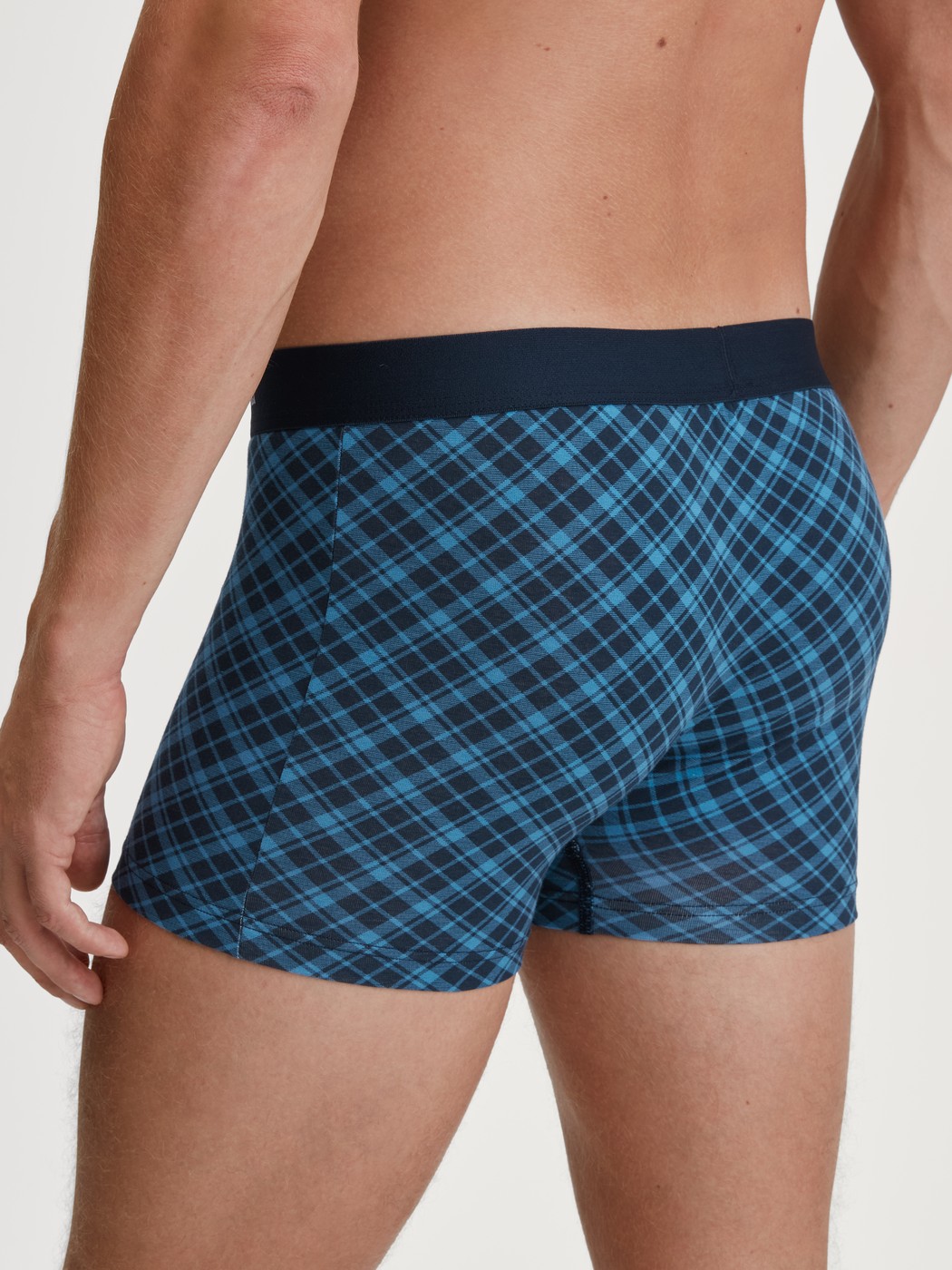 Herren-Model trägt Boxer Brief mit Softgummibund aus Baumwolle in Blau, Kariert aus Serie Cotton Code Design von CALIDA, Rückansicht