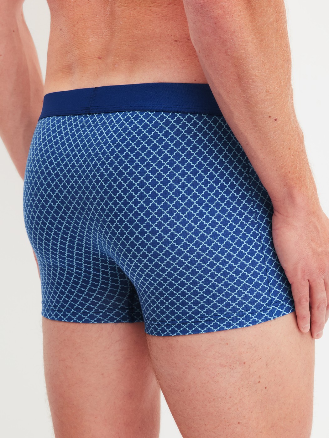 Le mannequin Homme porte le/la Boxer brief en Coton de couleur Bleu, À motifs, de la série Cotton Code Design de CALIDA, Vue arrière