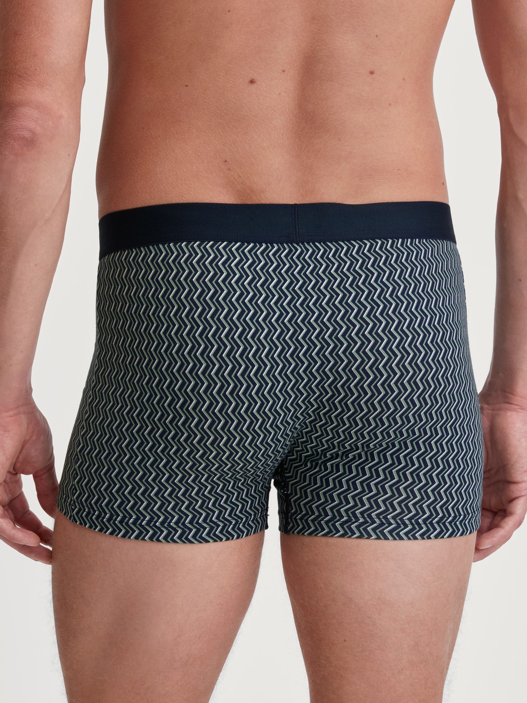 Herren-Model trägt Boxer Brief mit Softgummibund aus Baumwolle in Grün, Gemustert aus Serie Cotton Code Design von CALIDA, Rückansicht