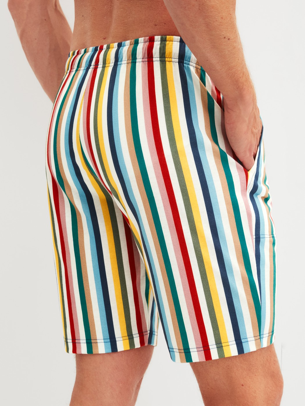 Men model is wearing Bermudas made of Cotton in Yellow, Patterned from the RMX Sleep Holiday series by CALIDA, Back view