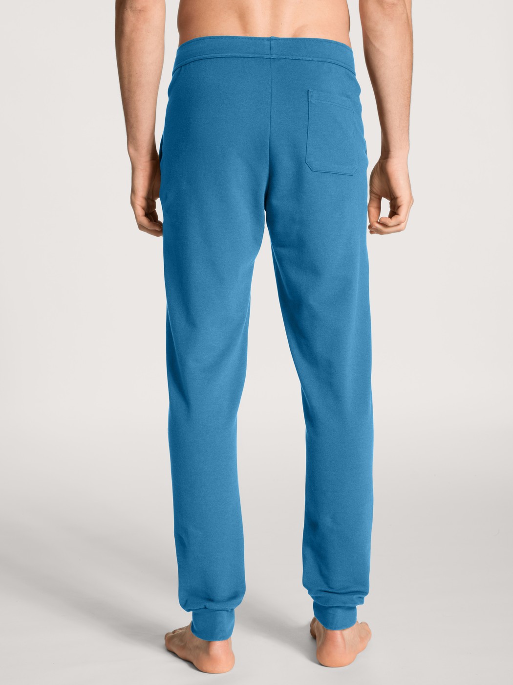 Herren-Model trägt Jogginghose mit Seitentaschen aus Baumwolle in Blau, Einfarbig aus Serie Remix Xtra von CALIDA, Rückansicht