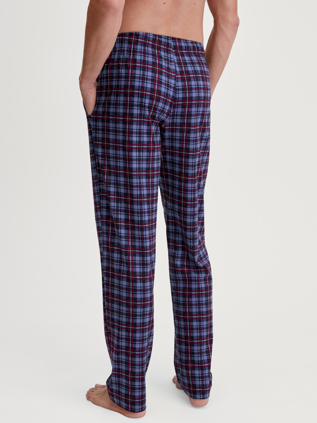 Herren-Model trägt Pyjamahose mit Seitentaschen aus 100% Baumwolle in Blau, Gemustert aus Serie Family & Friends von CALIDA, Rückansicht