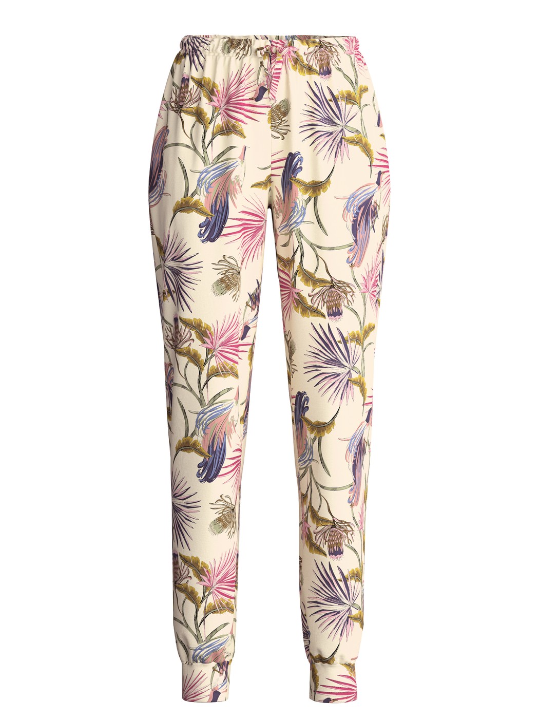 Donna - Pantaloni pigiama con polsini in 100% cotone di colore Beige, Floreale, della serie Favourites Arts di CALIDA