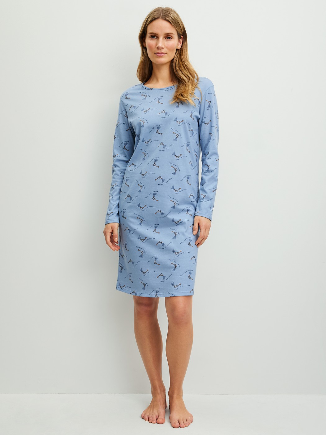 Women model is wearing  made of 100% Cotton in Blue, Patterned from the Hotel Nights series by CALIDA, Front view