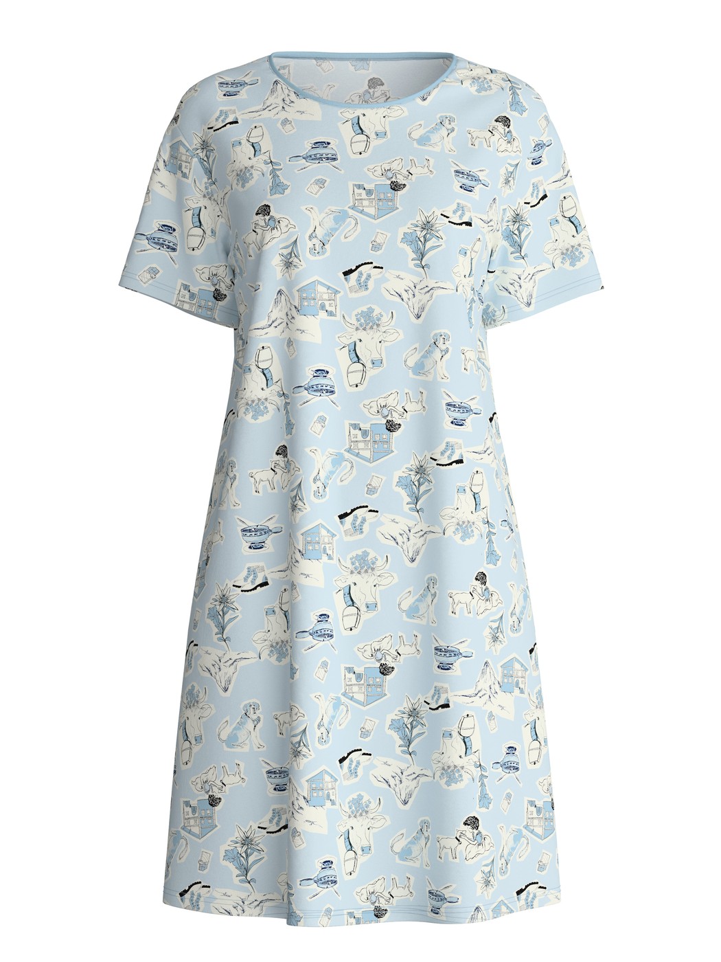 Damen - Kurzarm-Nachthemd, Länge 95 cm aus 100% Baumwolle in Blau, Gemustert aus Serie Swiss Resort von CALIDA