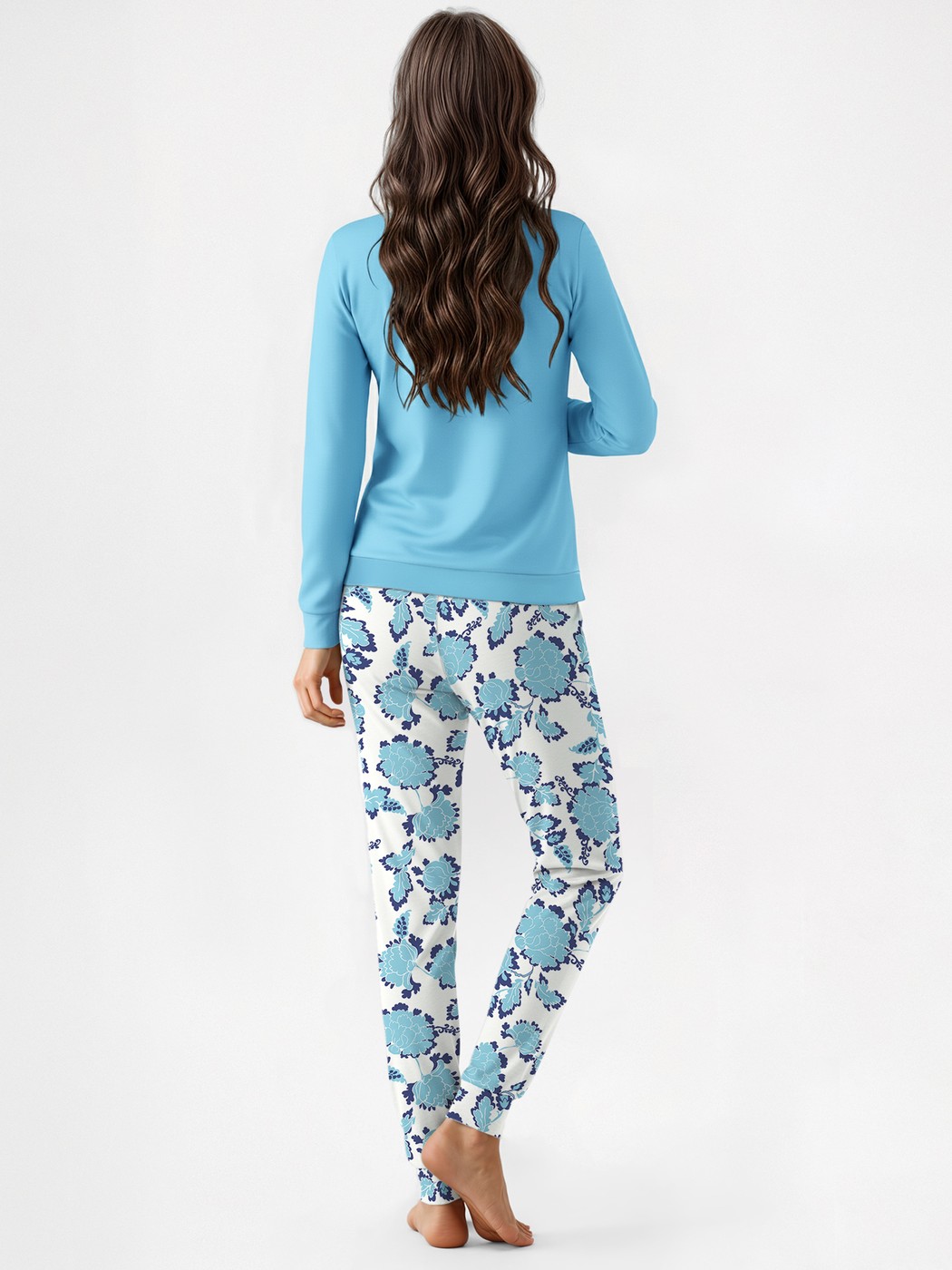 Women model is wearing Pyjama with cuff made of 100% Cotton in Turquoise, Floral from the Nightwear Xtra series by CALIDA, Back view