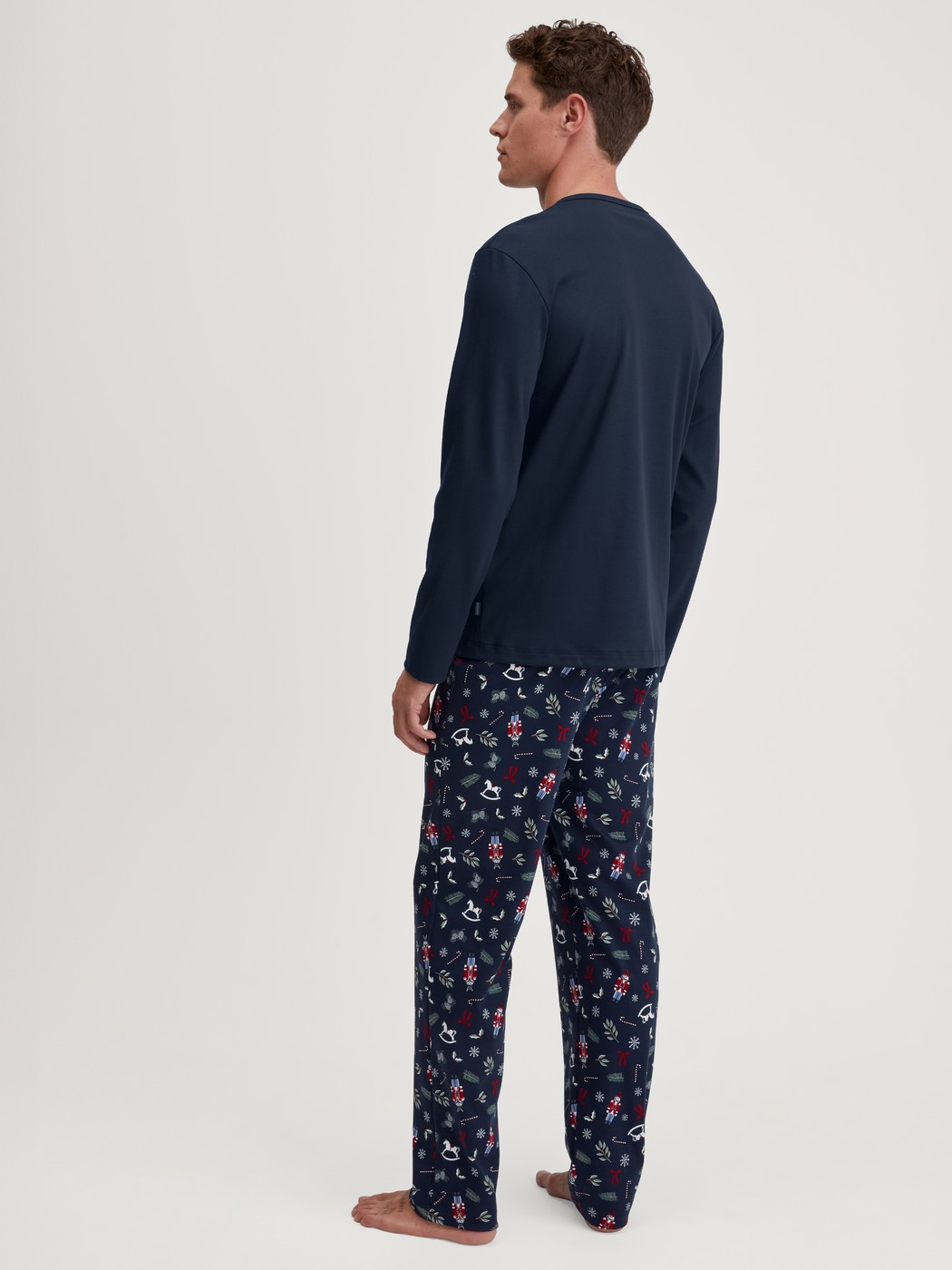 Herren-Model trägt Pyjama, lang aus 100% Baumwolle in Blau, Gemustert aus Serie Family & Friends von CALIDA, Rückansicht