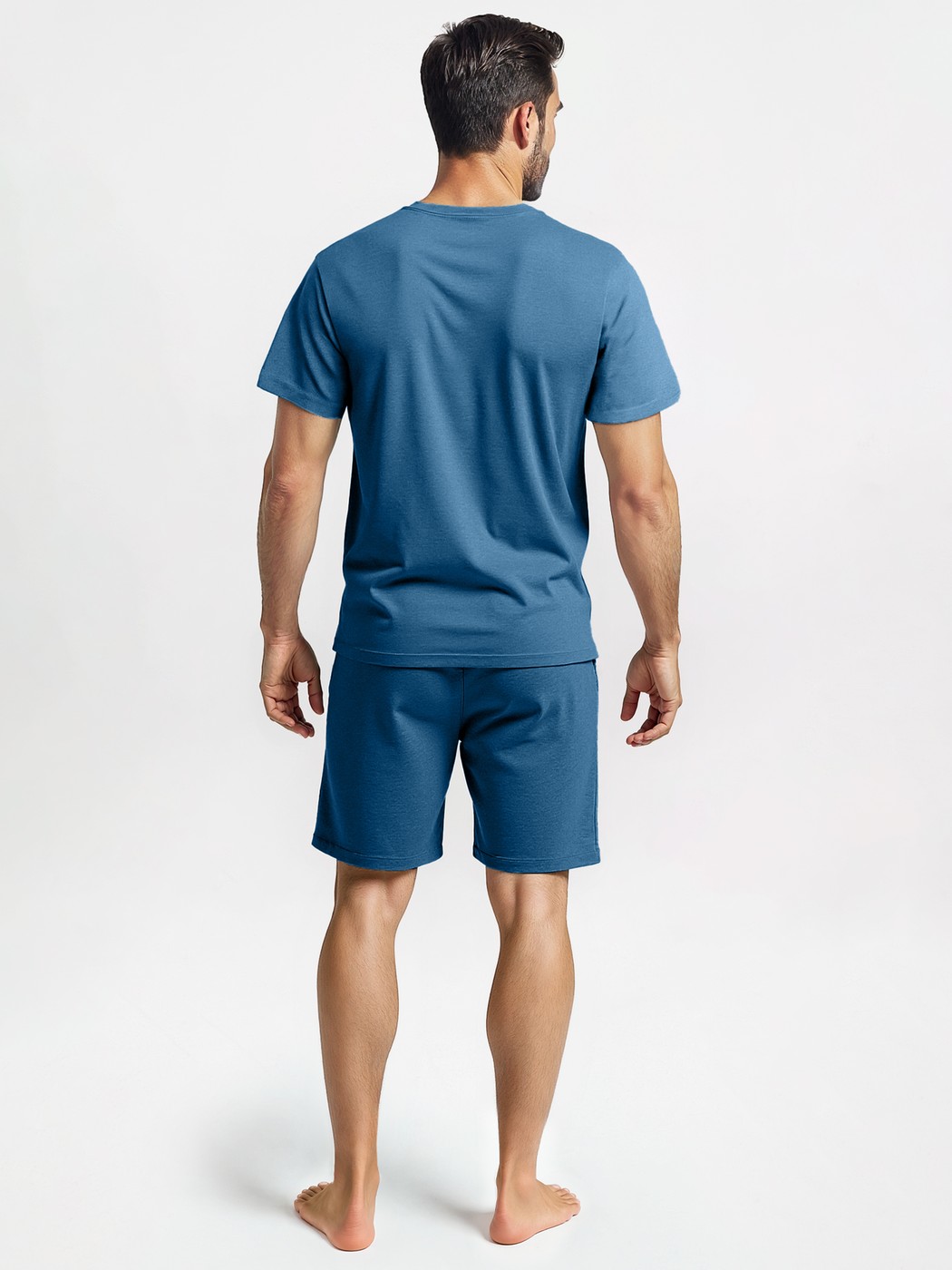 Men model is wearing Short pyjamas made of 100% Cotton in Blue, Unicoloured from the Nightwear Xtra series by CALIDA, Back view