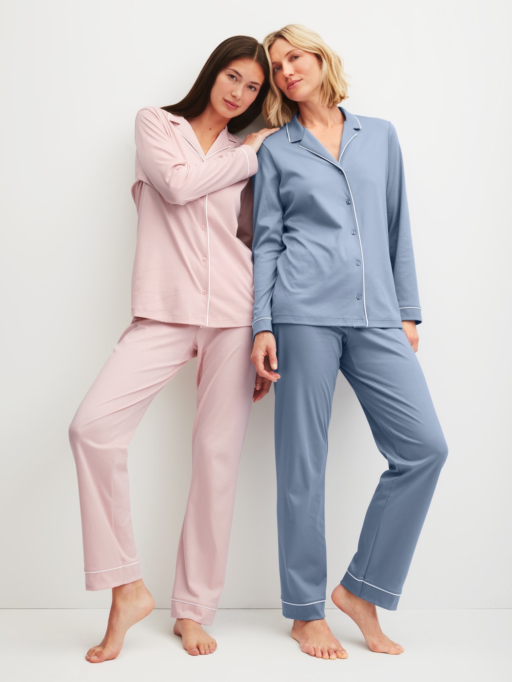Women model is wearing Button-Up Pyjama made of 100% Cotton in Blue, Unicoloured from the Night Lovers series by CALIDA, Additional Image