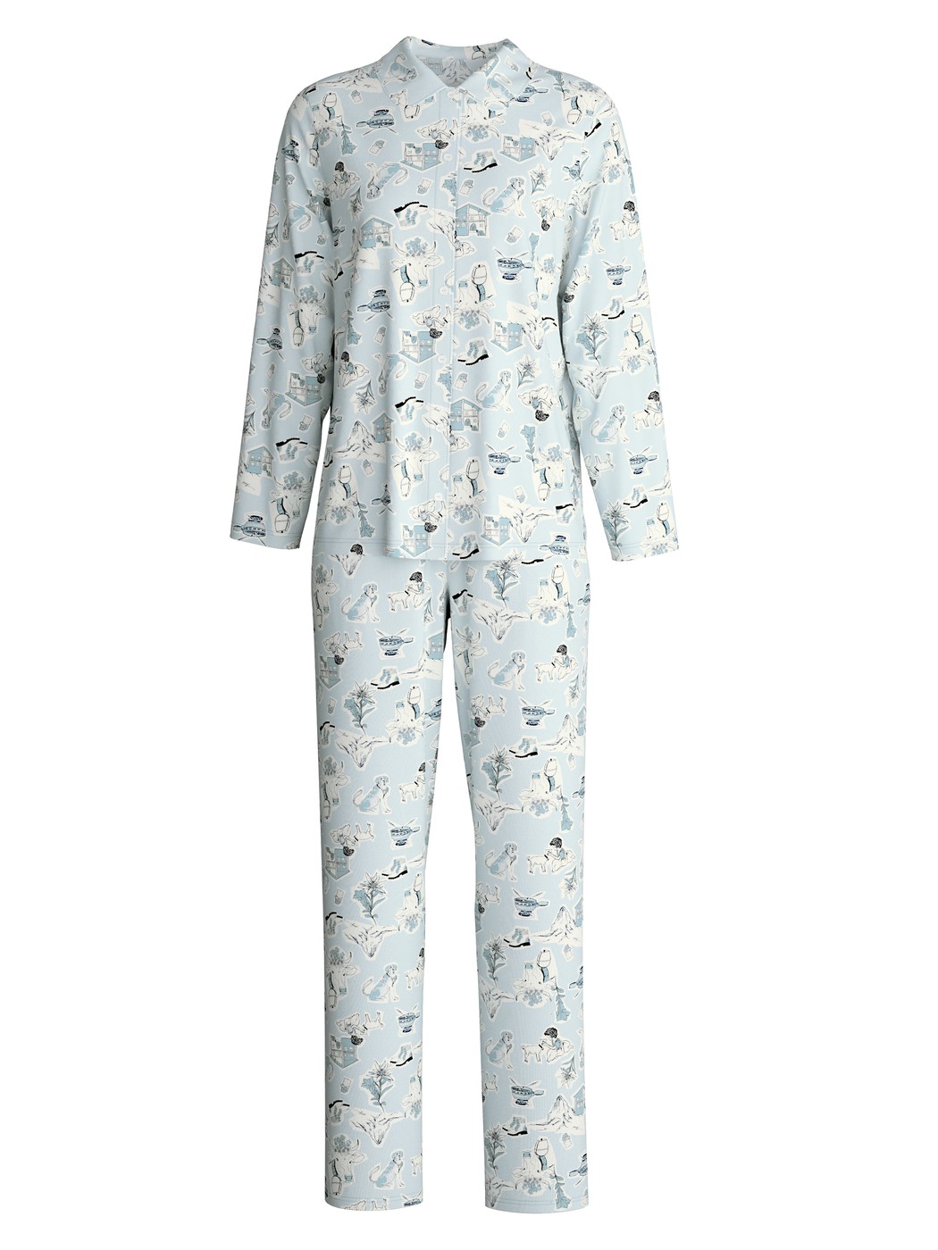Damen - Pyjama mit Knöpfen aus 100% Baumwolle in Blau, Gemustert aus Serie Swiss Resort von CALIDA