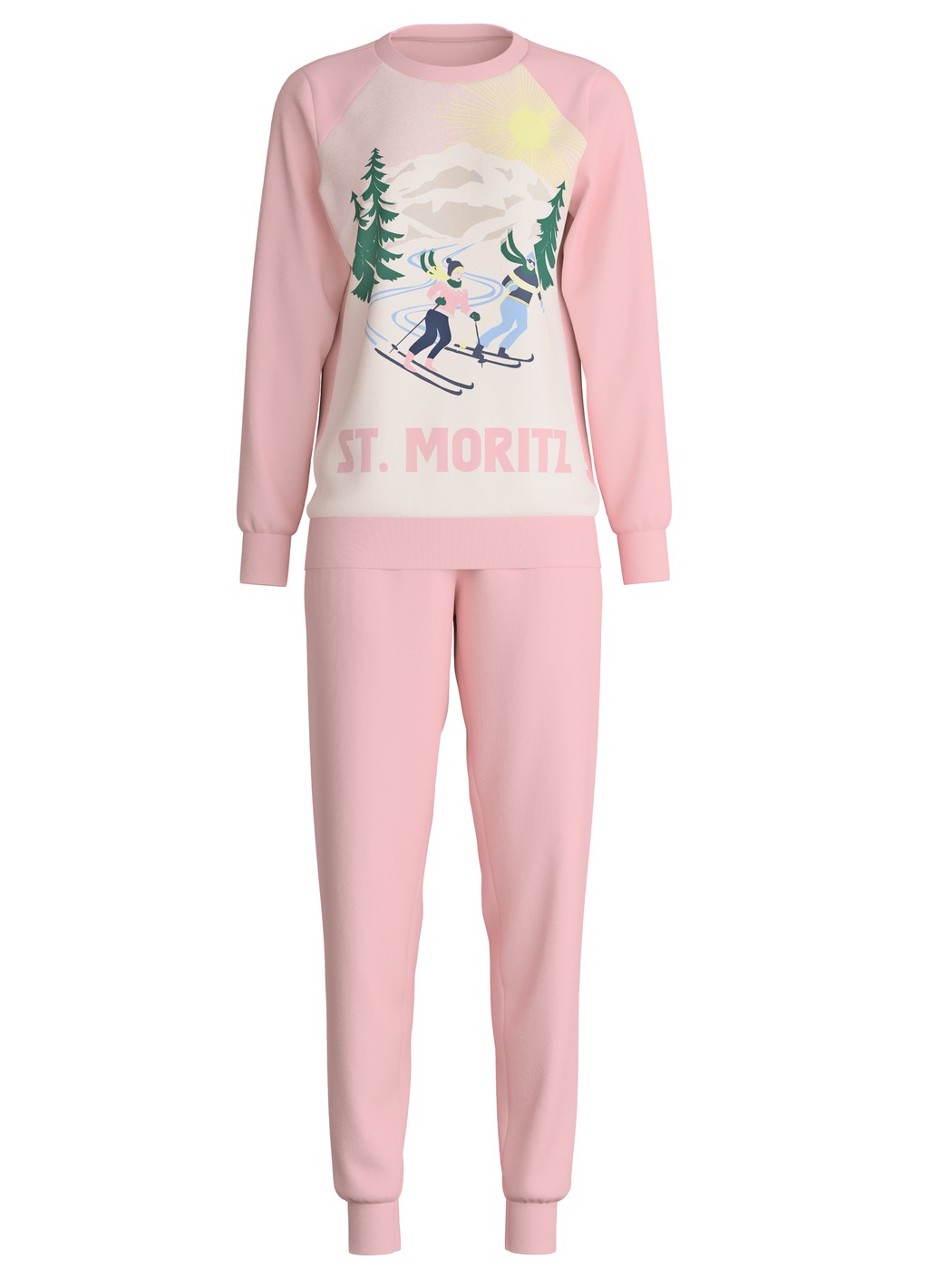 Damen - Bündchen-Pyjama aus 100% Baumwolle in Rosa, Motiv aus Serie Ski Resort von CALIDA