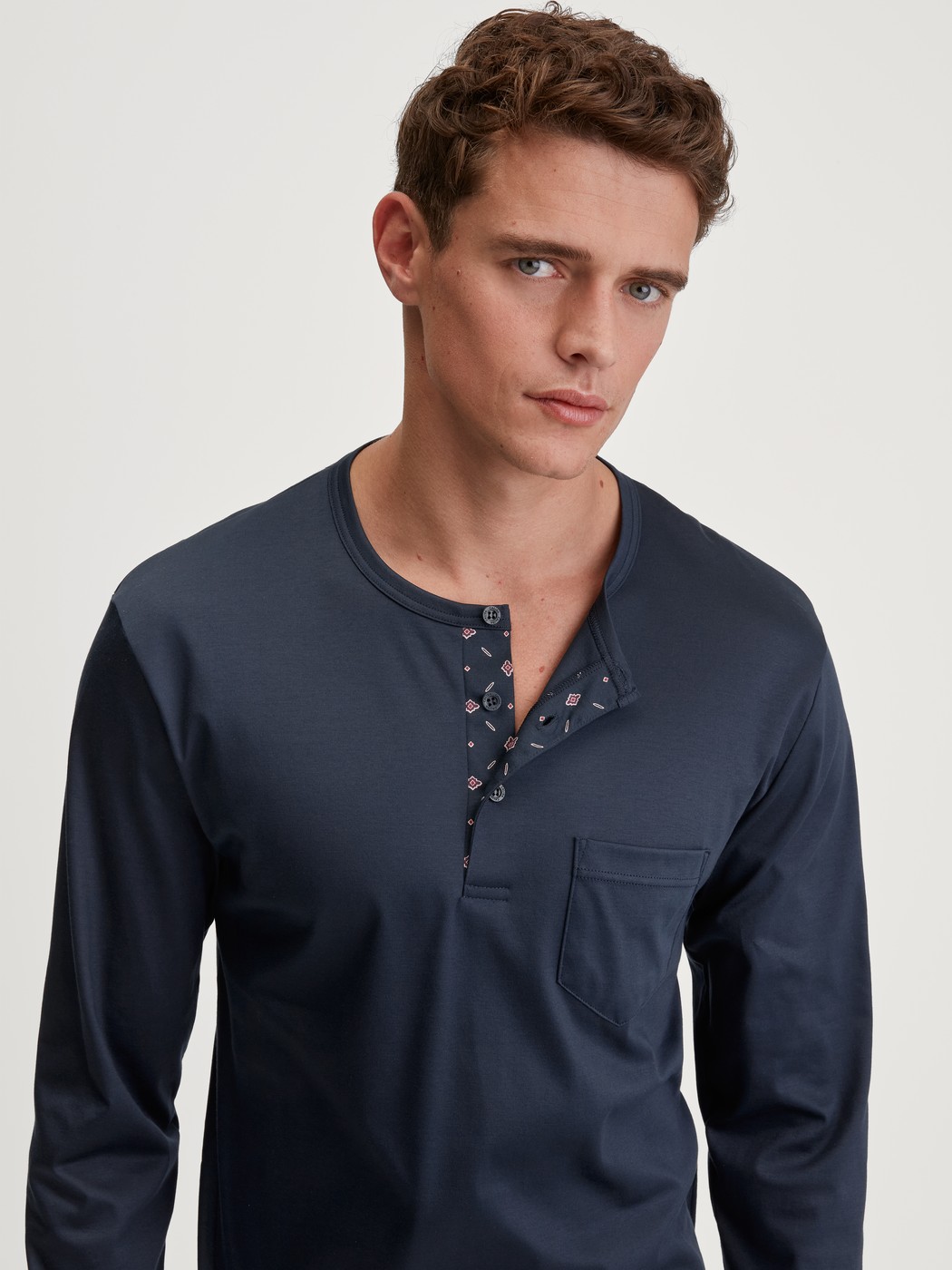 Men model is wearing Pyjamas, long made of 100% Cotton in Blue, Patterned from the Relax Selected 4 series by CALIDA, Additional Image