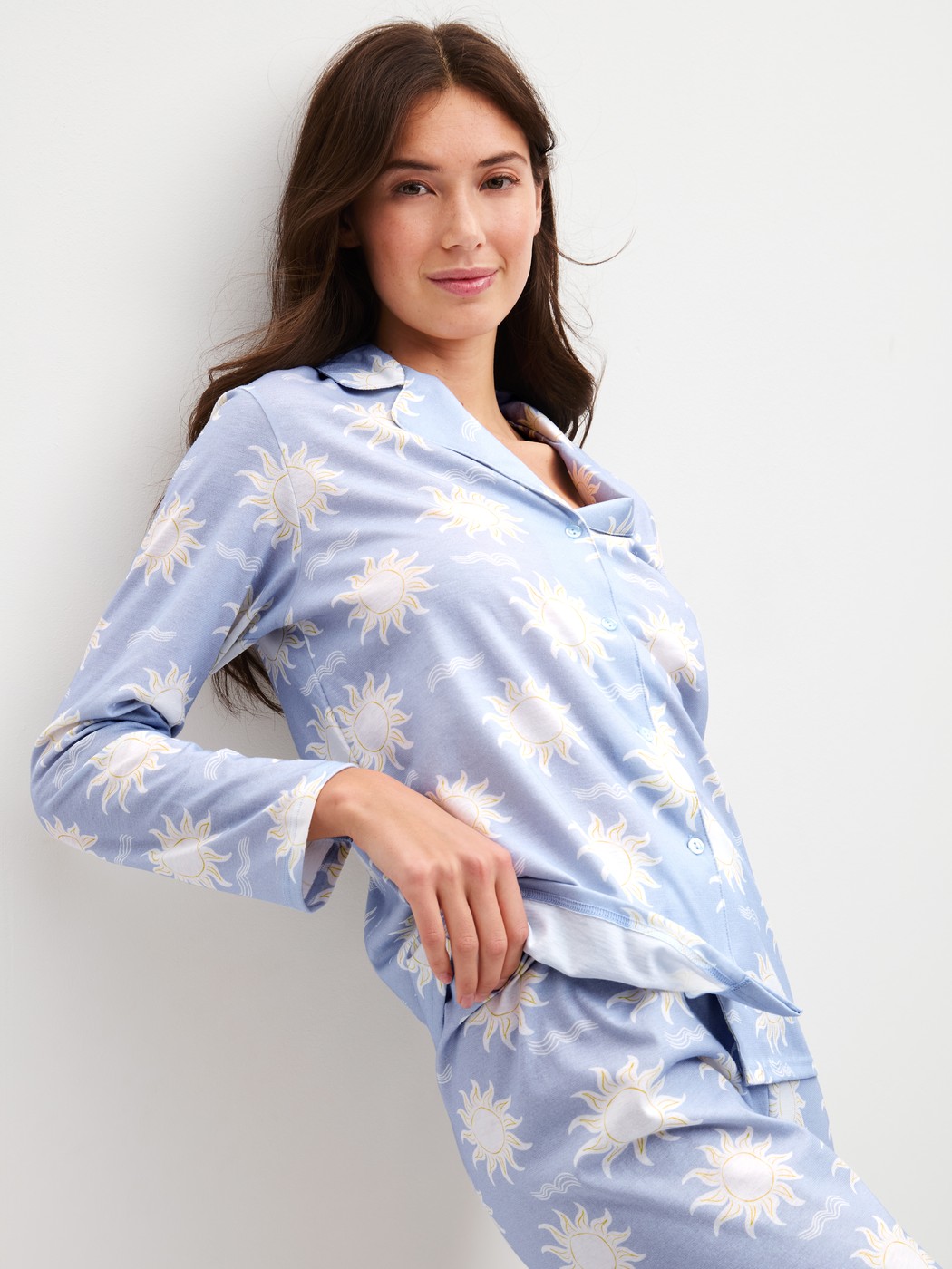 Women model is wearing Button-Up Pyjama made of 100% Cotton in Blue, Patterned from the EDITION 85 series by CALIDA, Additional Image