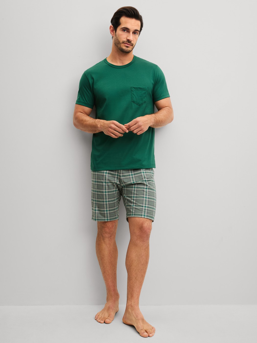 Men model is wearing Short pyjama made of 100% Cotton in Green, Checked from the Relax Imprint 2 series by CALIDA, Front view