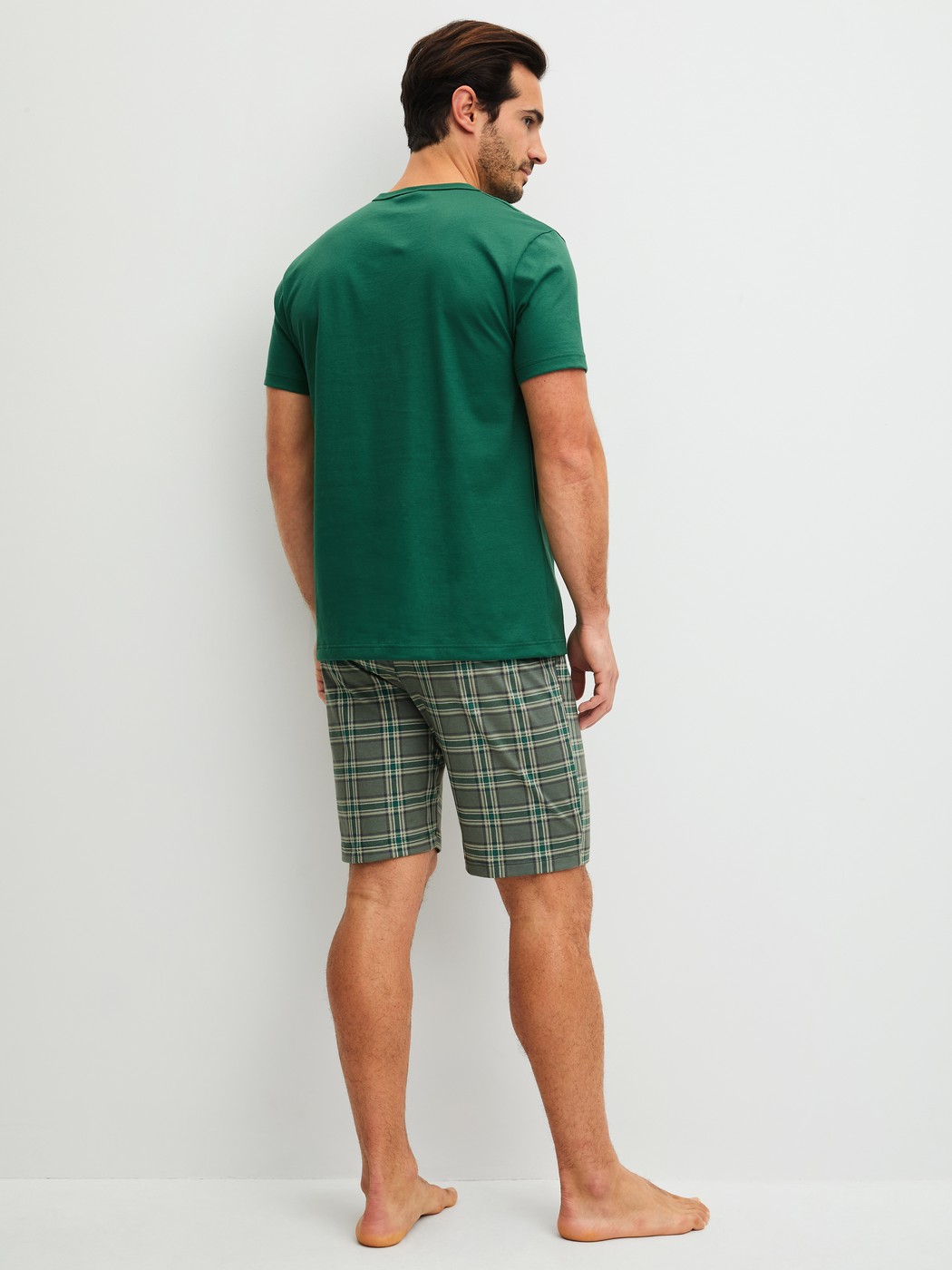 Men model is wearing Short pyjama made of 100% Cotton in Green, Checked from the Relax Imprint 2 series by CALIDA, Back view