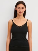 Women model is wearing Spaghetti top made of Modal in Black, Unicoloured from the Etude Ajours series by CALIDA, Front view